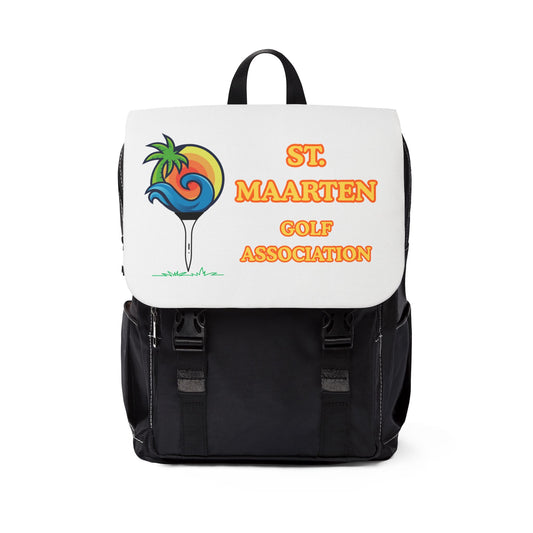 Black backpack with St. Maarten Golf Association logo on a white background