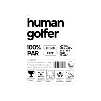 Human Golfer product label with branding and text on a white background