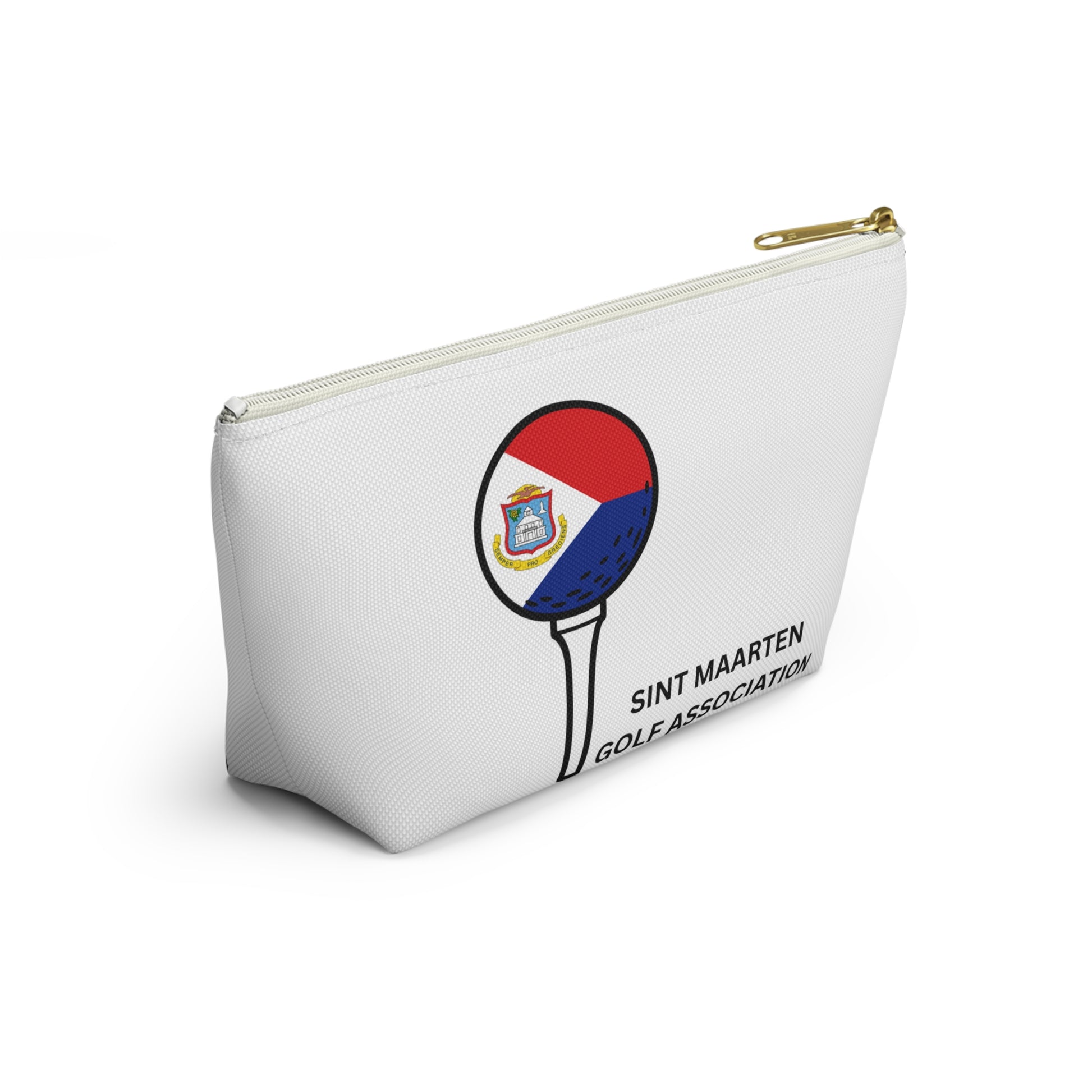 White pouch with a golf club and ball design featuring Sint Maarten flag on a white background