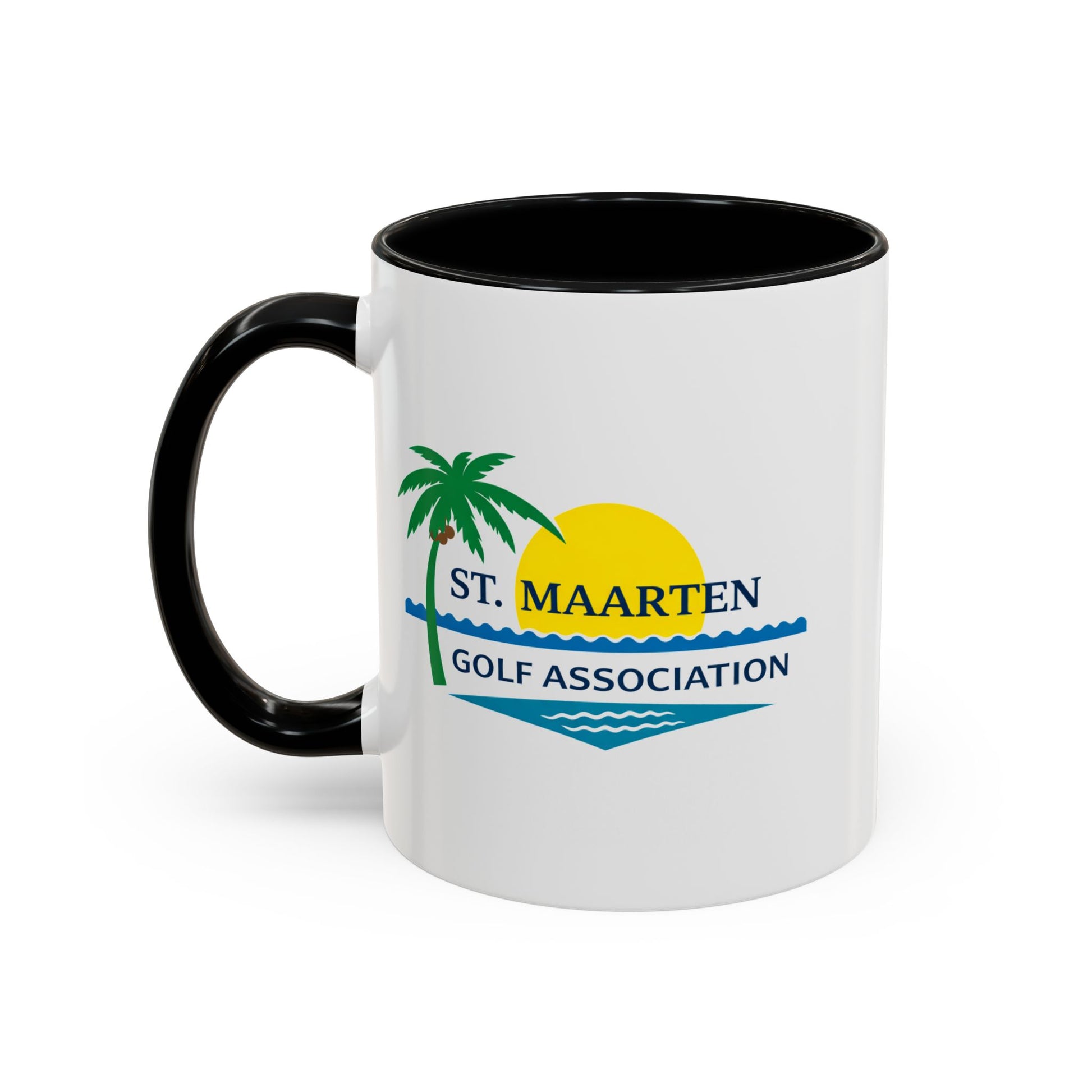 White mug with black handle featuring St. Maarten Golf Association logo on a white background