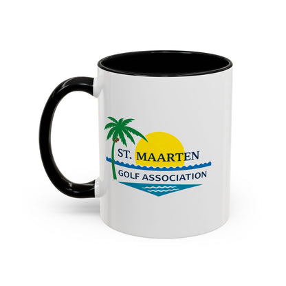 White mug with black handle featuring St. Maarten Golf Association logo on a white background