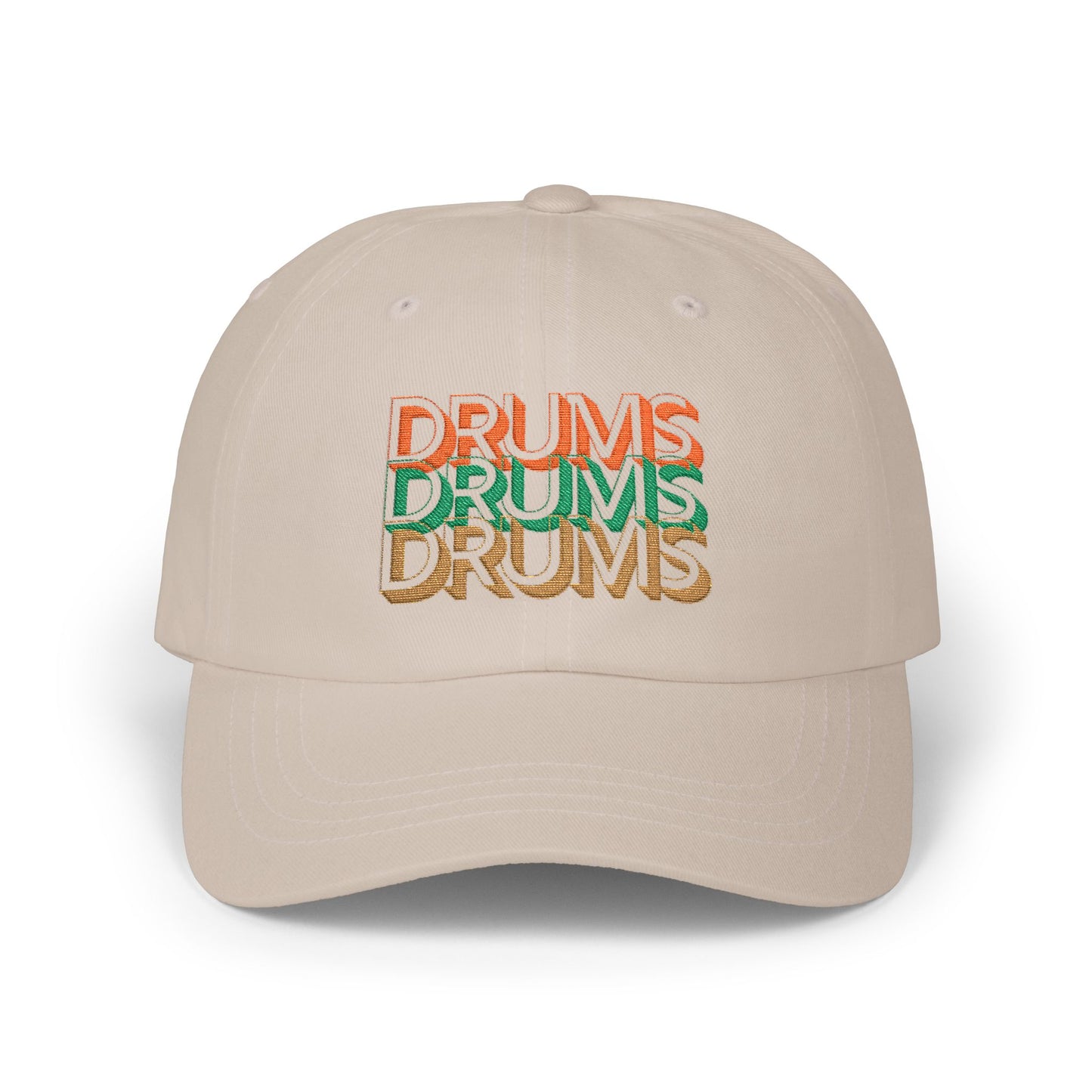 Beige cap with 'DRUMS' text in multiple colors on a white background