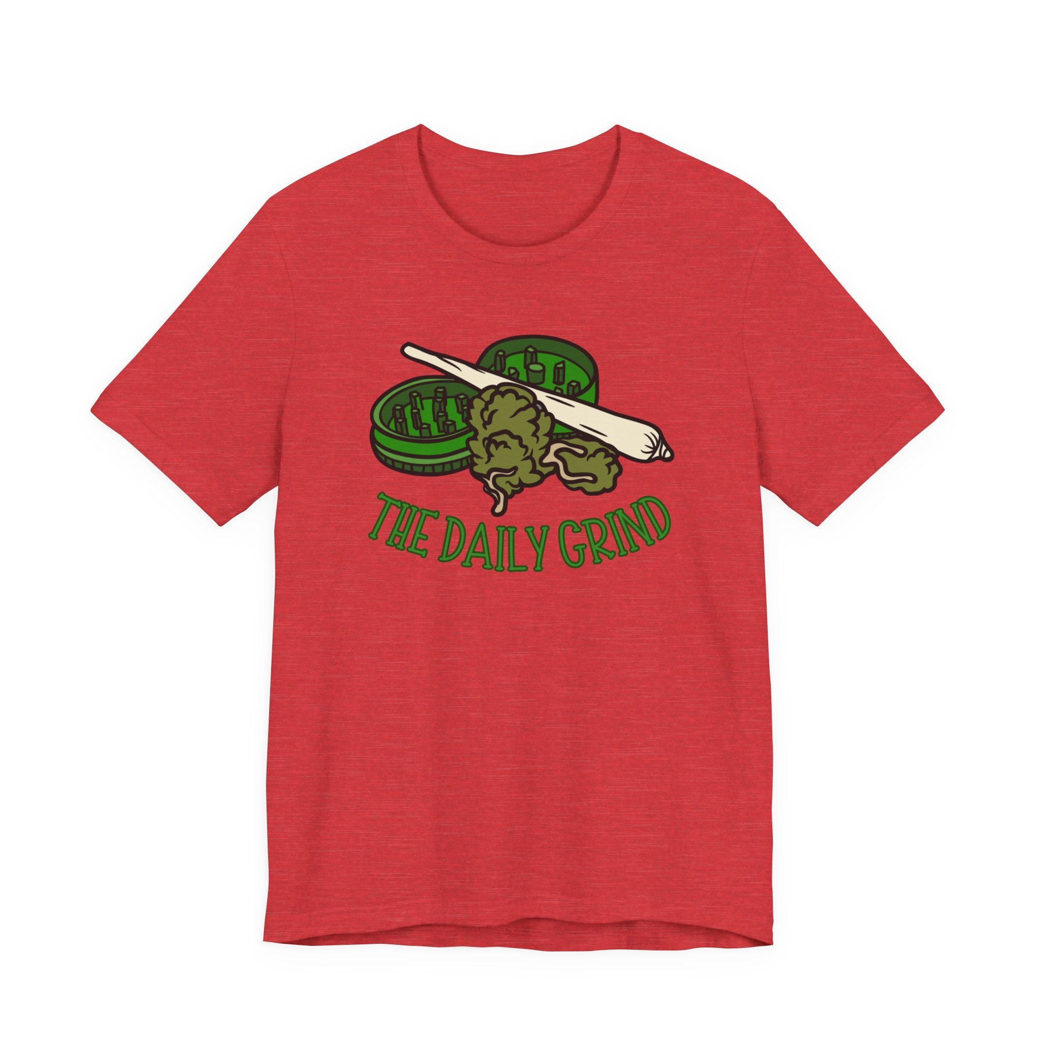 Red t-shirt with 'The Daily Grind' graphic design on a white background