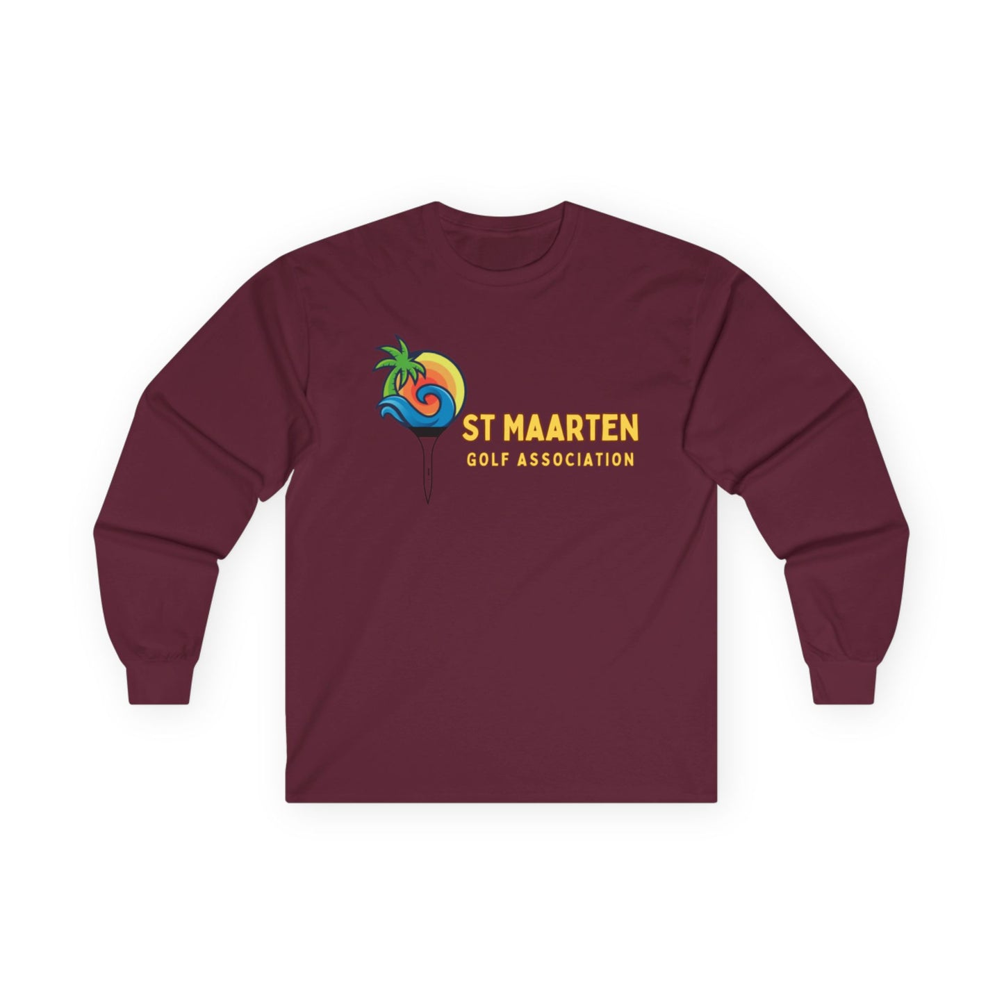 Maroon long-sleeve shirt with St Maarten Golf Association logo on a white background