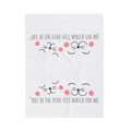 White velveteen blanket with cartoon cat faces and 'You're the purr-fect match for me'