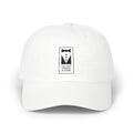 White dad cap embroidered with a black and white tuxedo patch reading The Gary Ronson Players, on a white background.