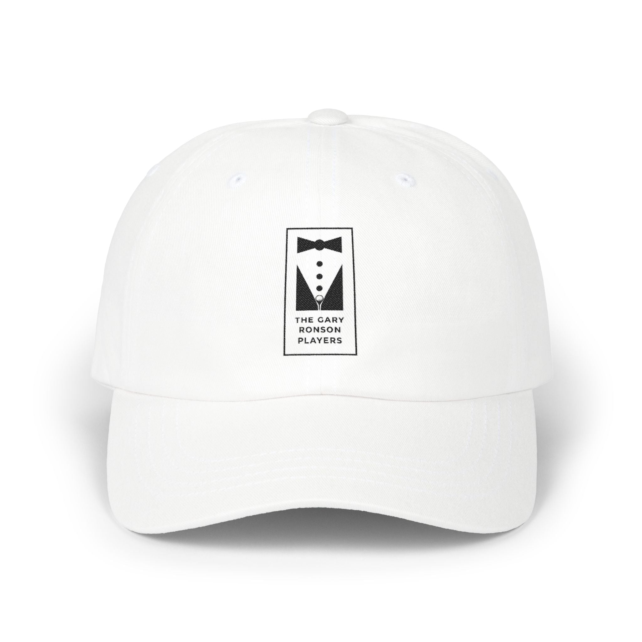White dad cap embroidered with a black and white tuxedo patch reading The Gary Ronson Players, on a white background.