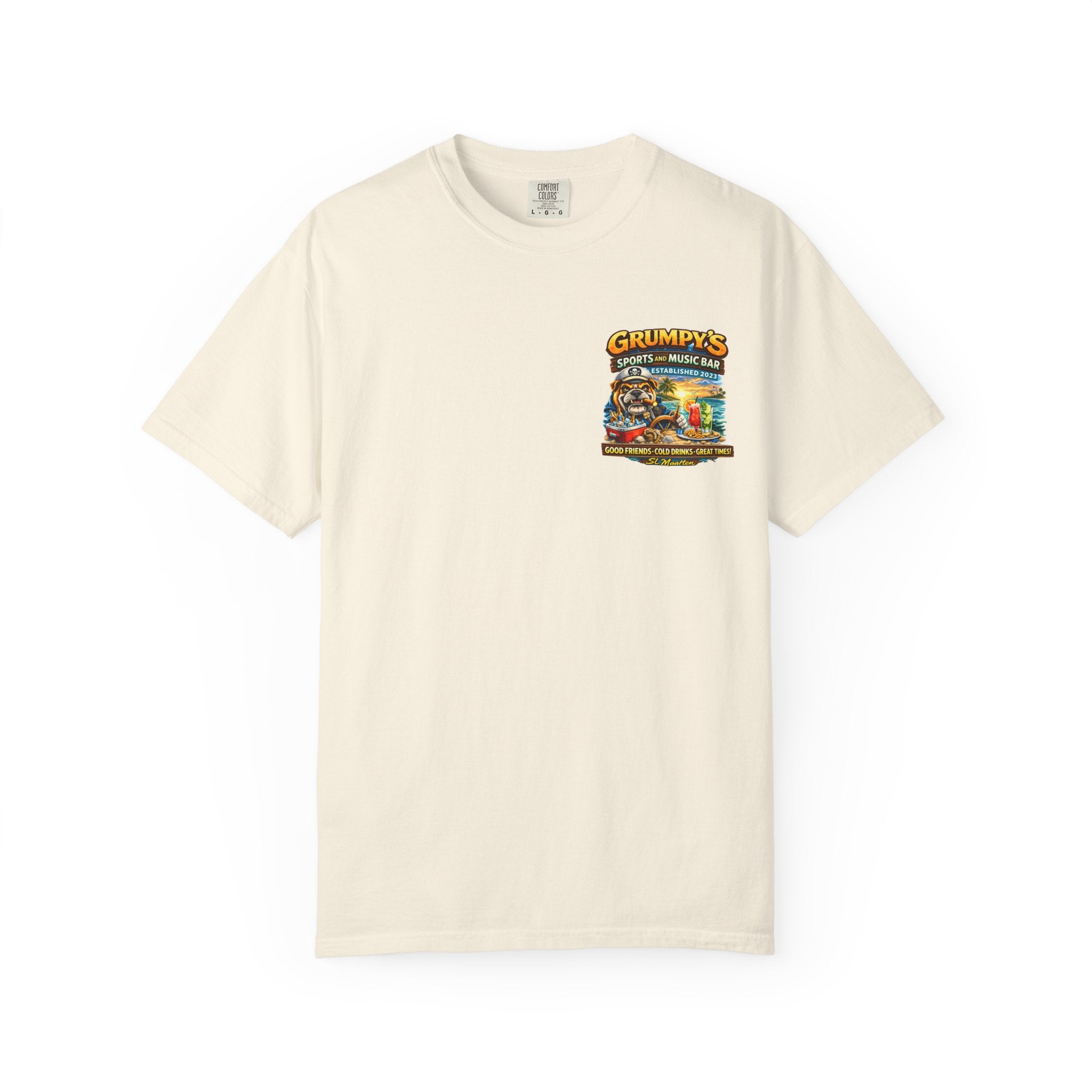 Beige t-shirt with a colorful graphic on a white background