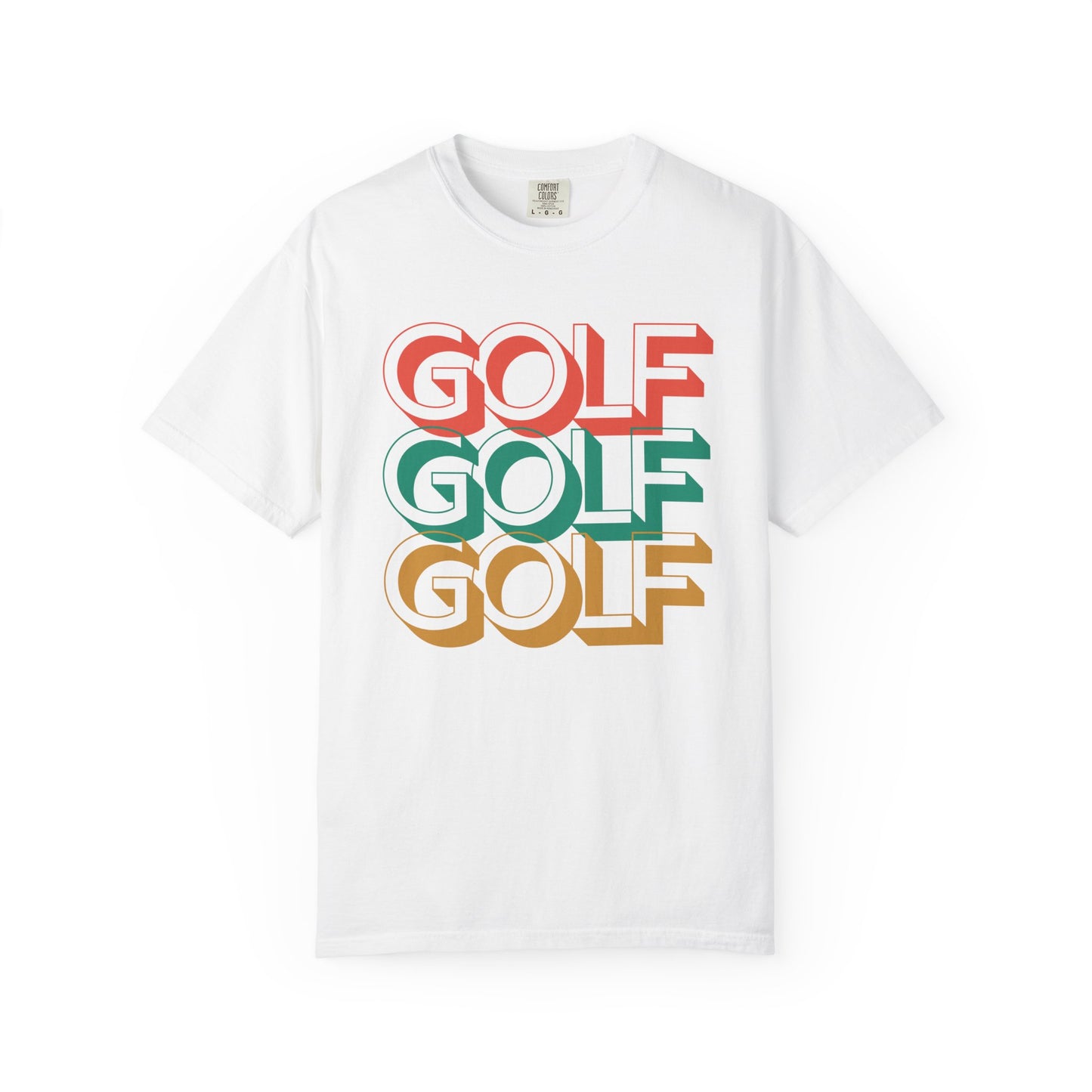 White t-shirt with 'GOLF GOLF GOLF' text in red, green, and orange on a white background