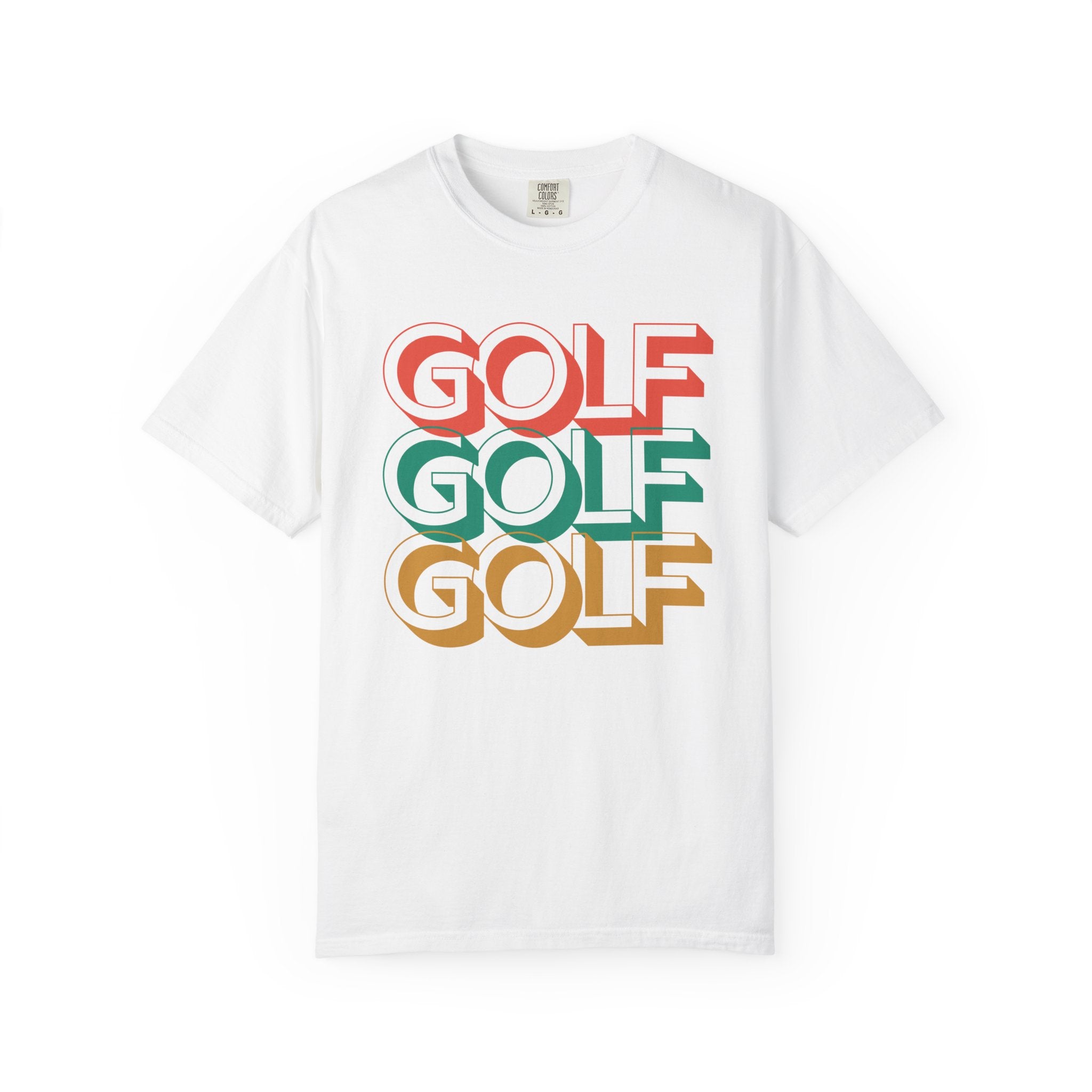 White t-shirt with 'GOLF GOLF GOLF' text in red, green, and orange on a white background