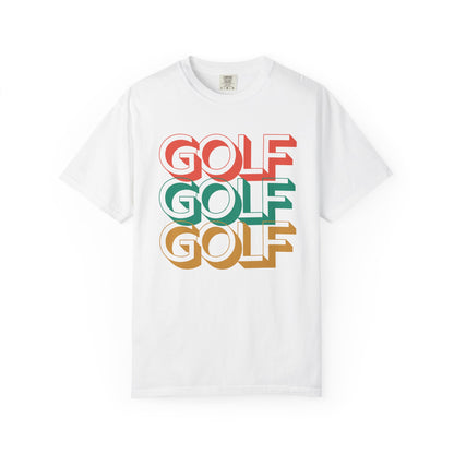 White t-shirt with 'GOLF GOLF GOLF' text in red, green, and orange on a white background