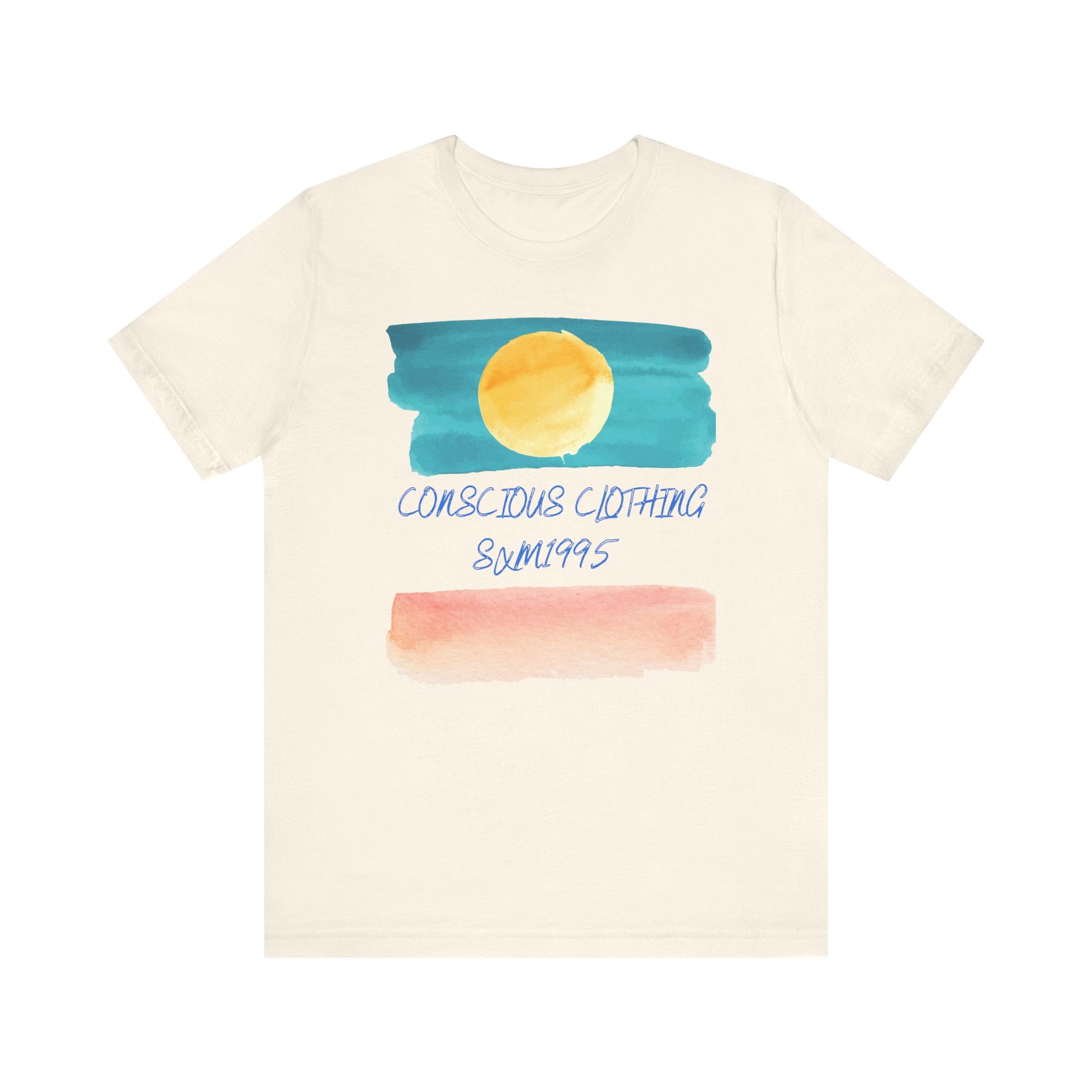 Beige t-shirt with watercolor design and text on a white background