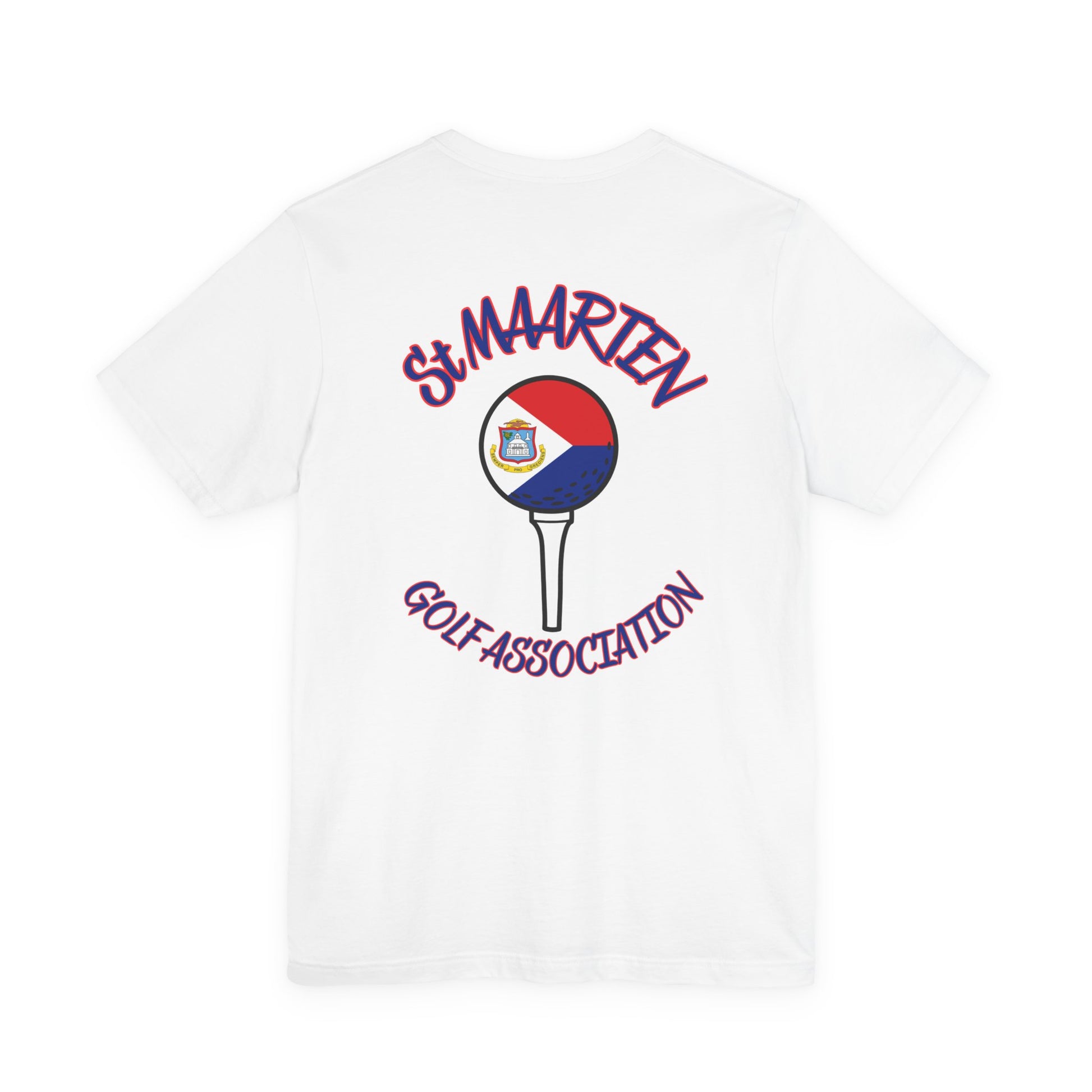 White t-shirt with 'St. Maarten Golf Association' design featuring a golf club and flag on a white background