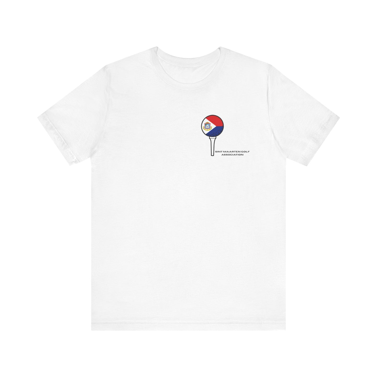 White t-shirt with a small logo on the chest against a white background