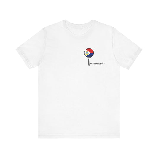 White t-shirt with a small logo on the chest against a white background