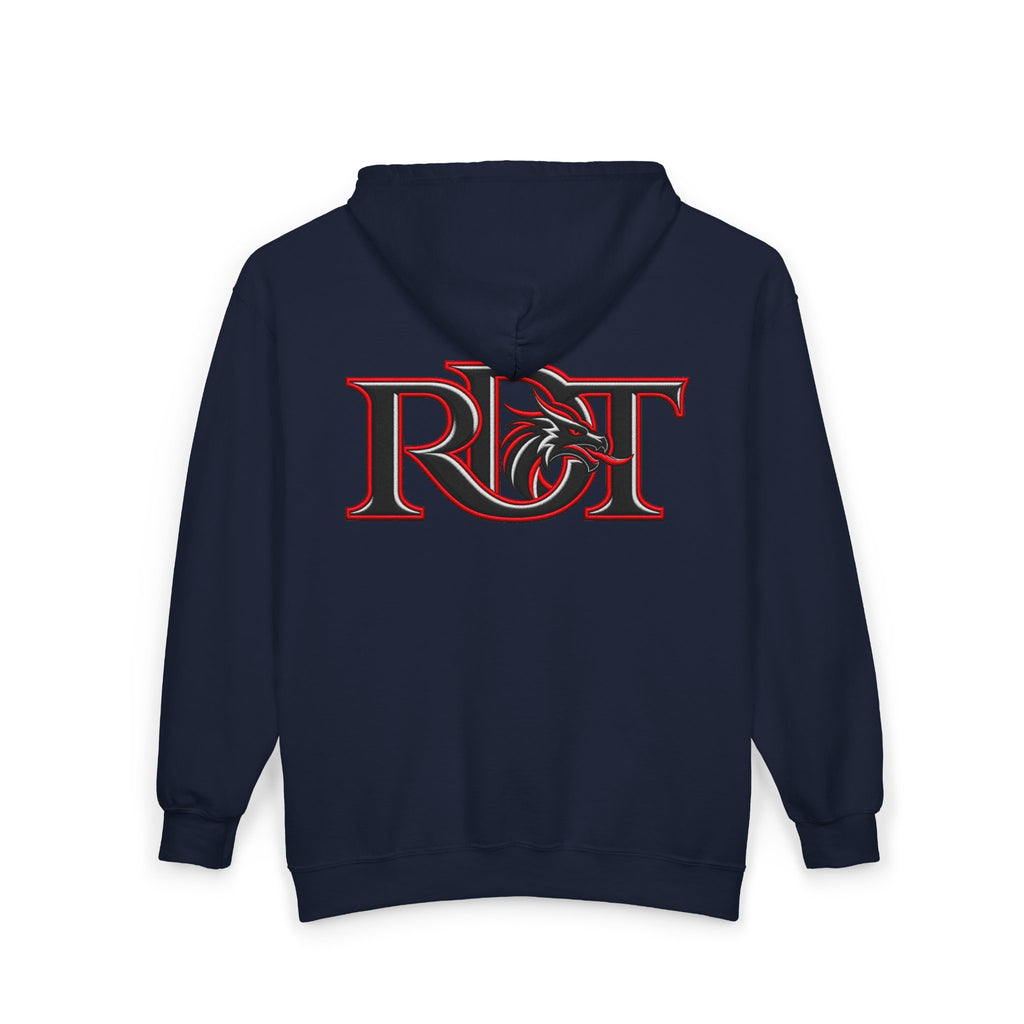 Riot Dragon Zip Hoodie — Red Logo Full‑Zip Hooded Sweatshirt