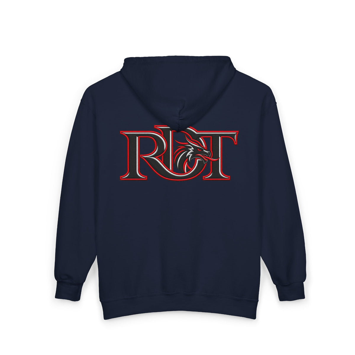 Riot Dragon Zip Hoodie — Red Logo Full‑Zip Hooded Sweatshirt