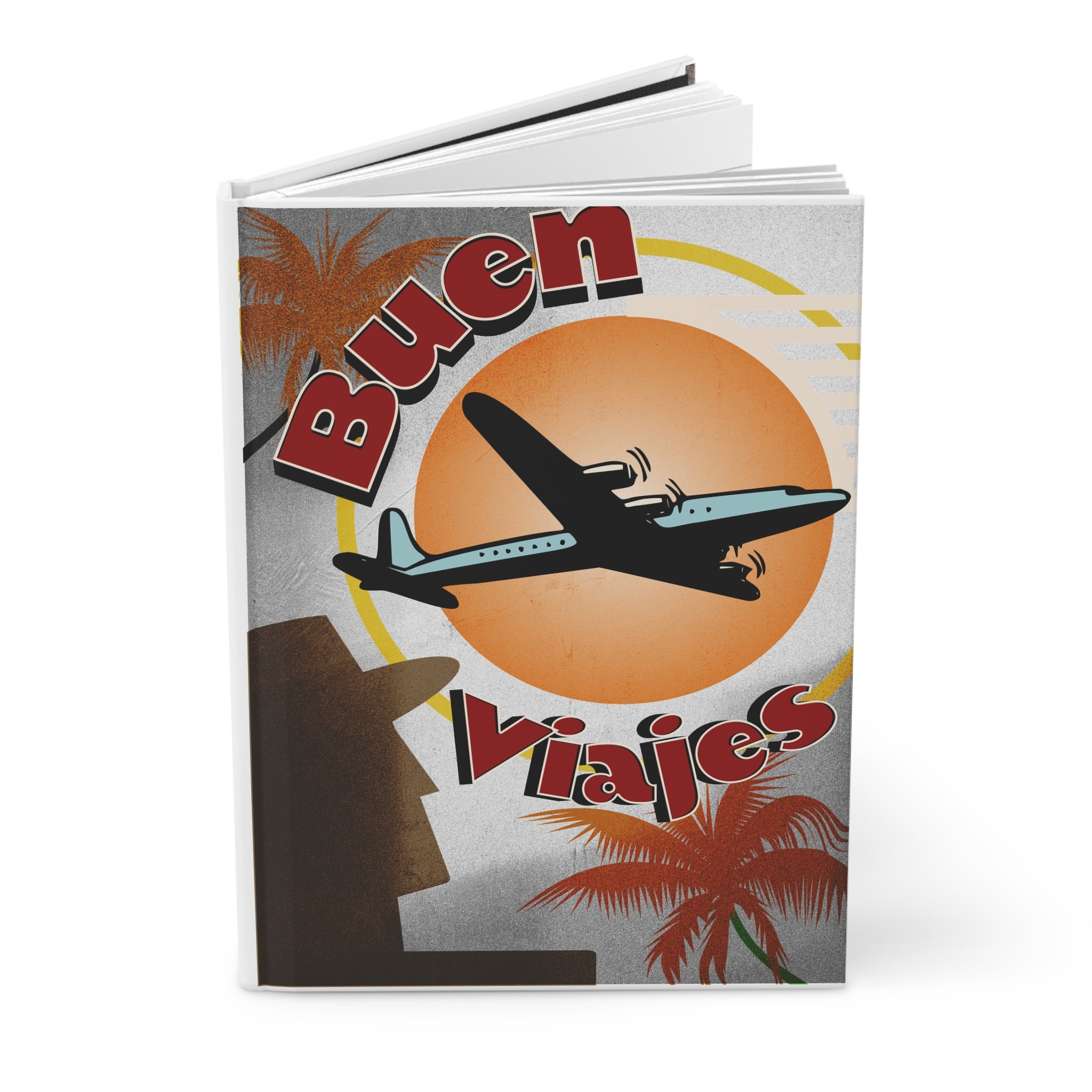 Hardcover 'Buen Viajes' retro travel journal shown standing at an angle