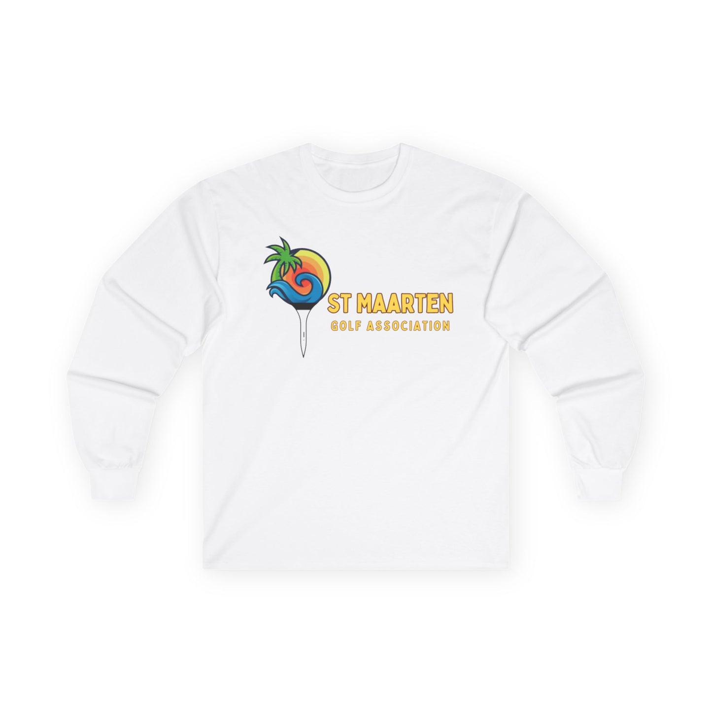 White sweatshirt with a colorful logo and text on a white background