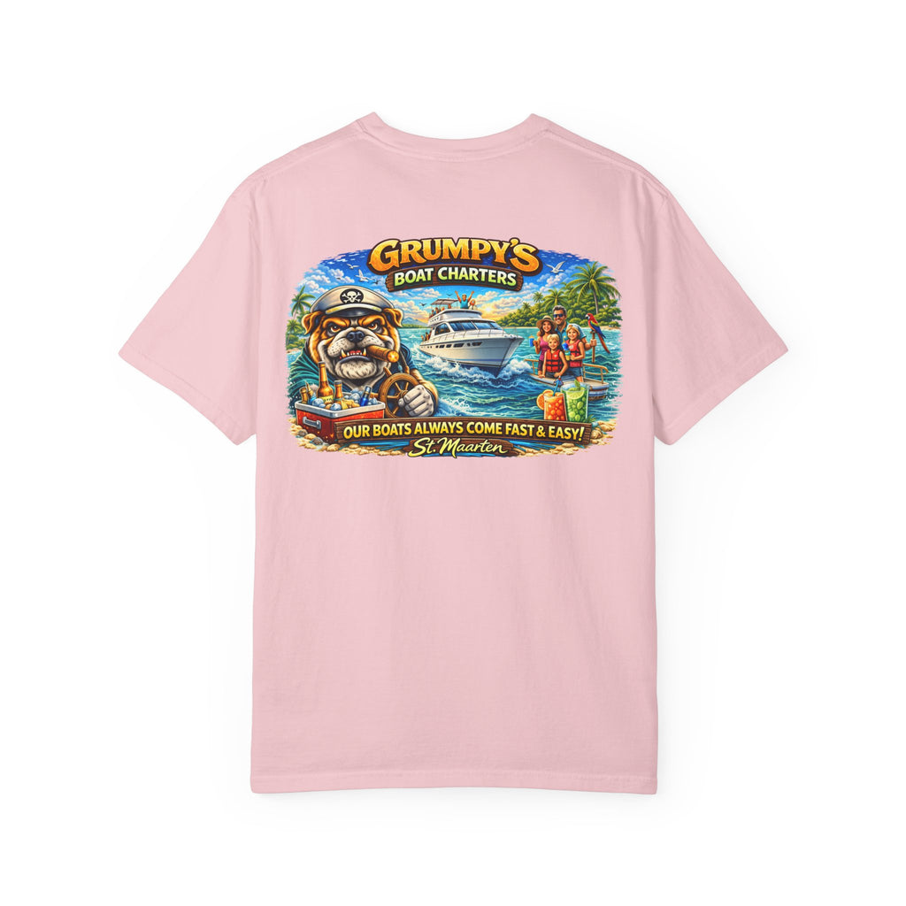 Pink t-shirt with a colorful graphic of a boat and people on a white background