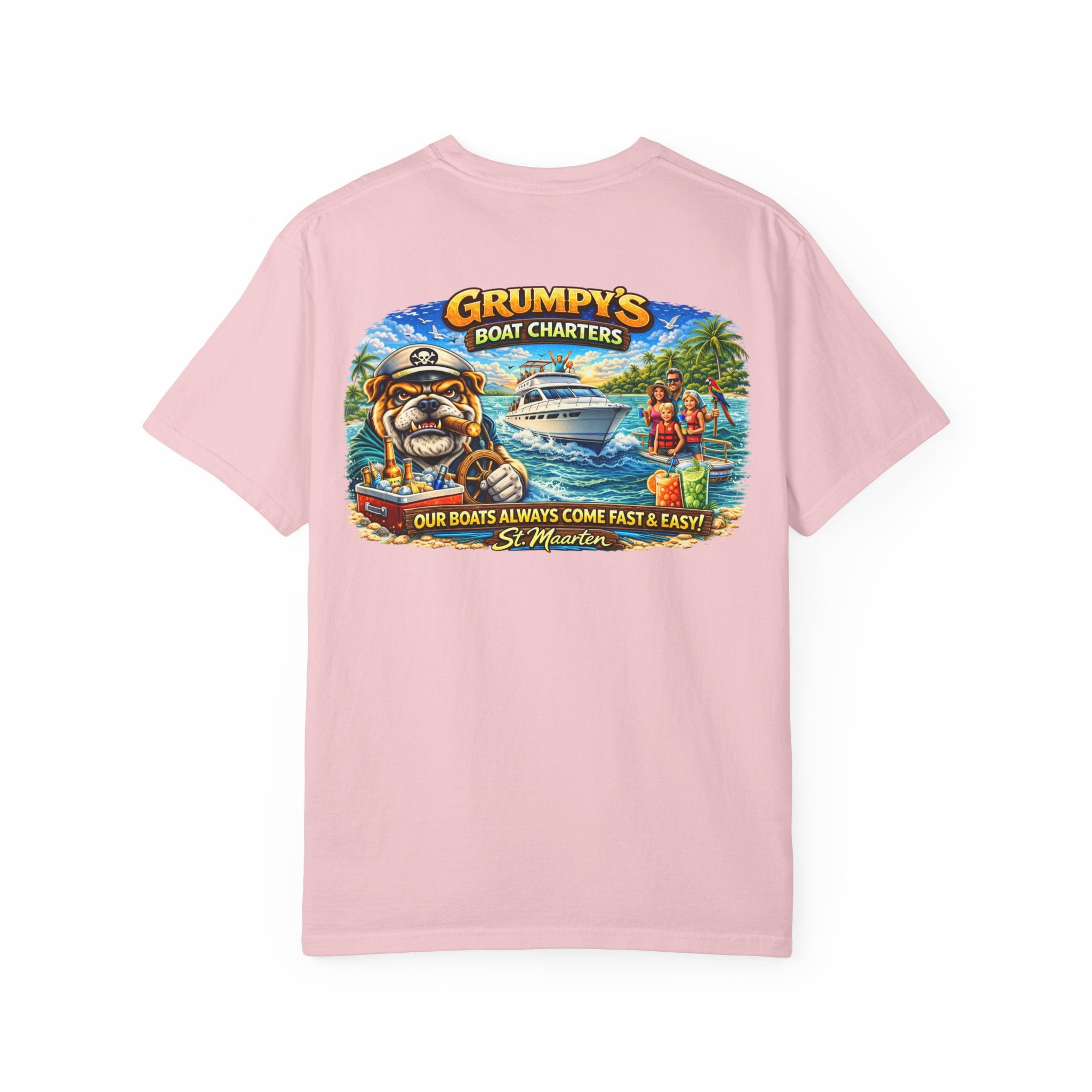 Pink t-shirt with a colorful graphic of a boat and people on a white background