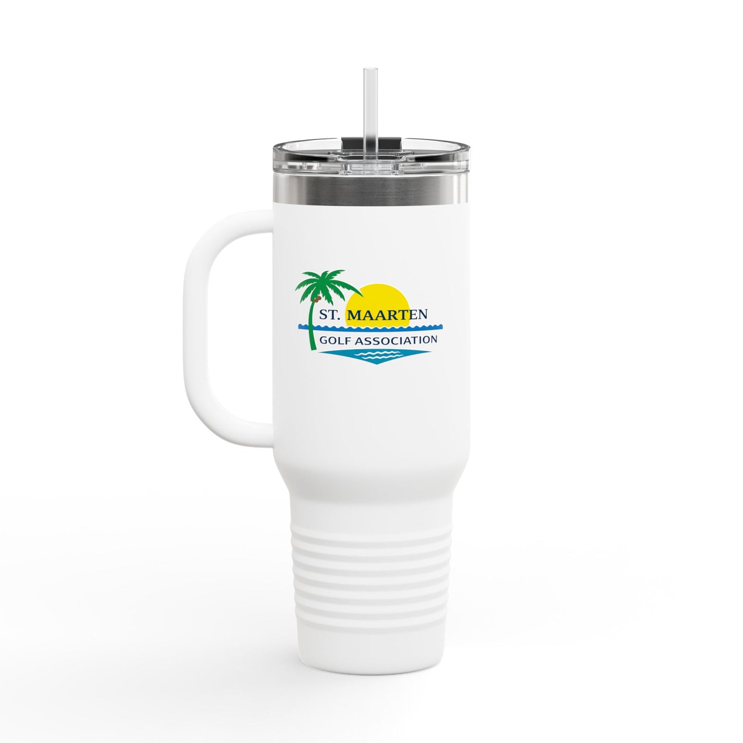 White travel mug with a logo on a white background