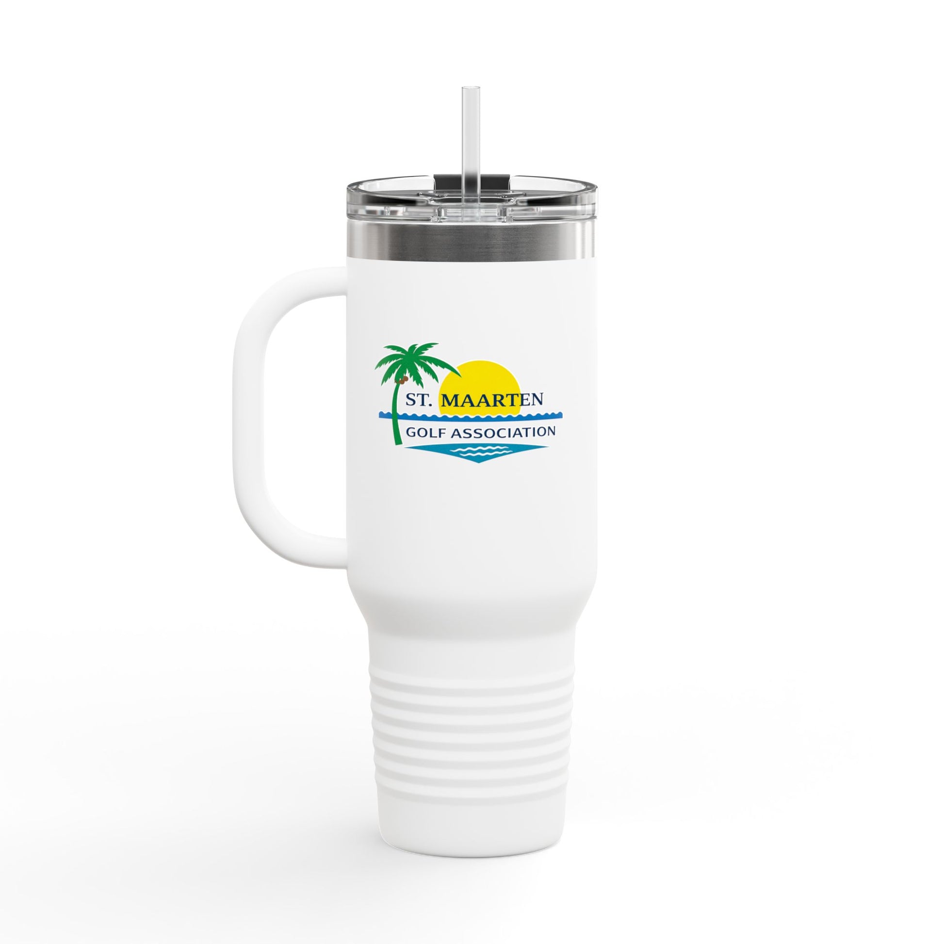 White travel mug with a logo on a white background