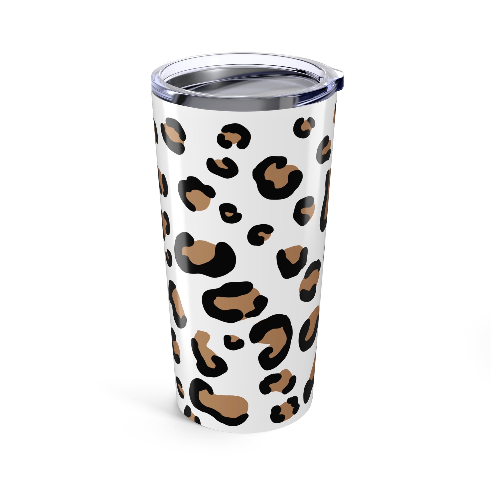 Tumbler with leopard print pattern on a white background