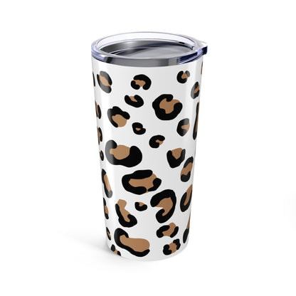 Tumbler with leopard print pattern on a white background