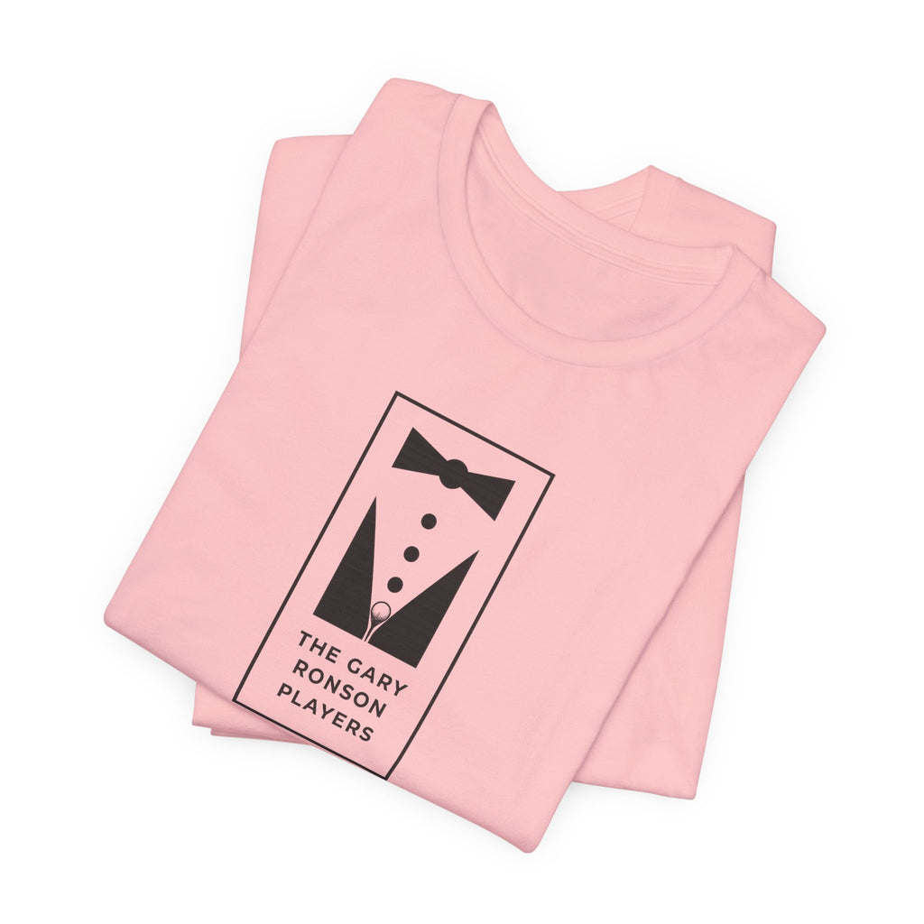 Folded pink t-shirt showing the tuxedo 'The Gary Ronson Players' graphic, on a white background