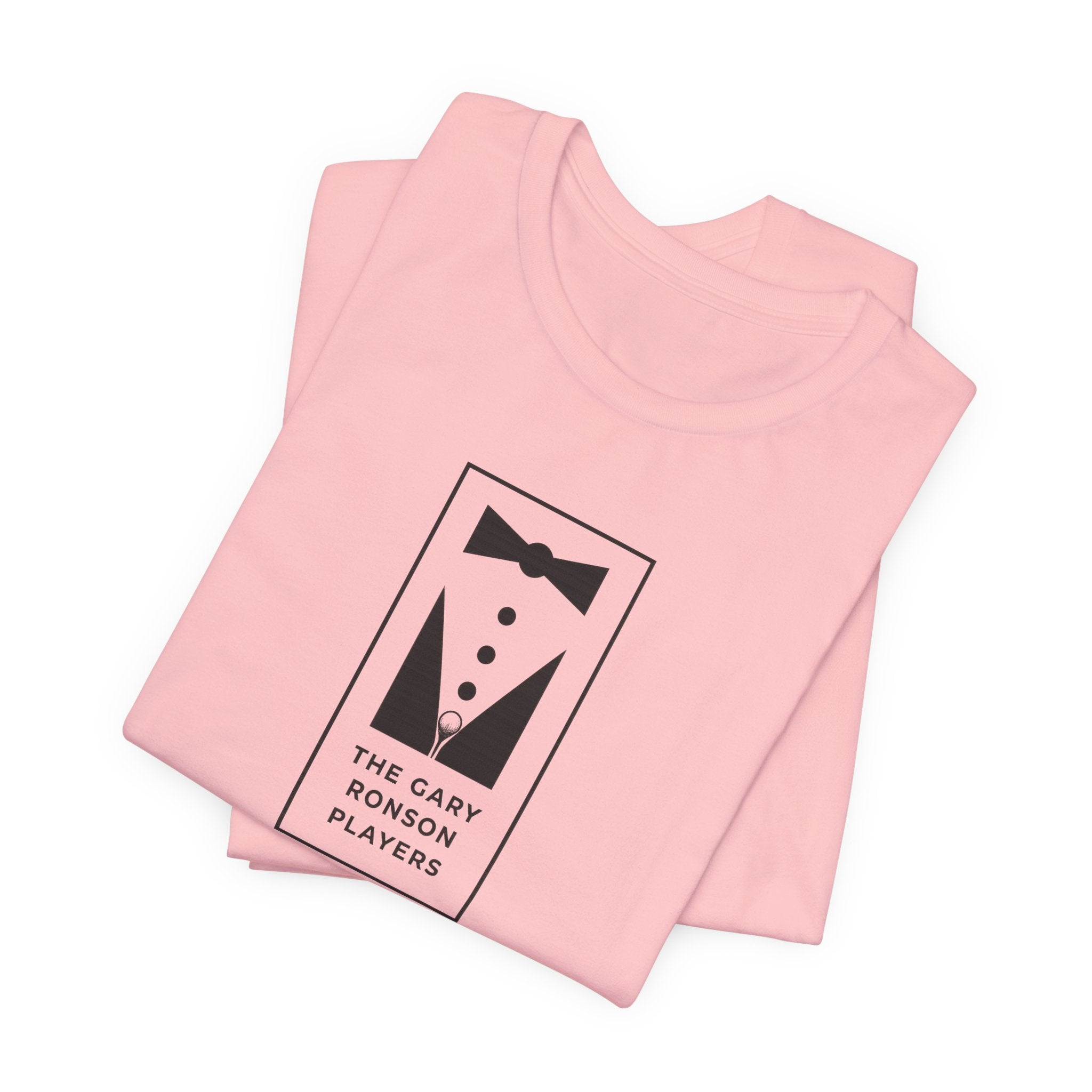 Folded pink t-shirt showing the tuxedo 'The Gary Ronson Players' graphic, on a white background