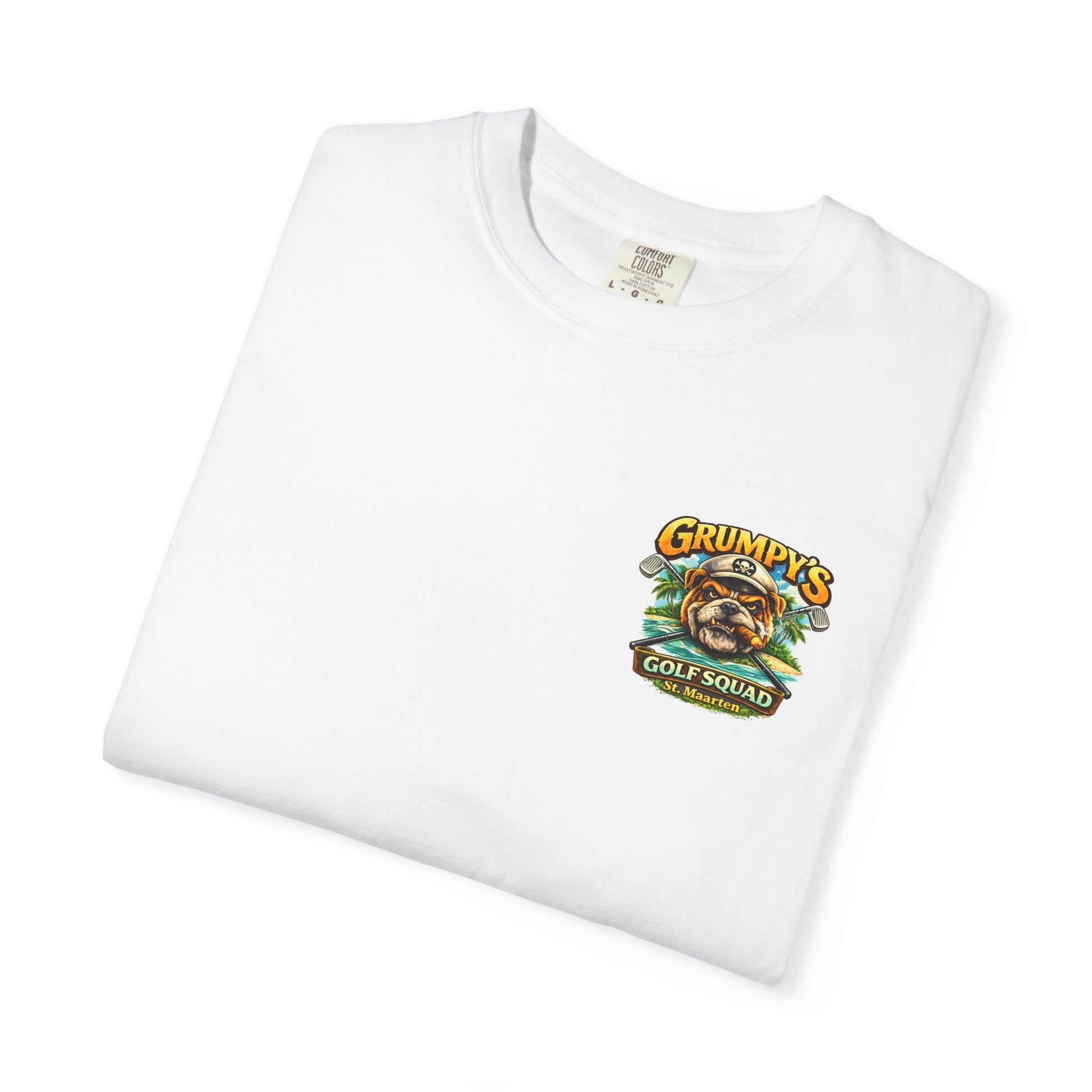 White t-shirt with a logo on a white background