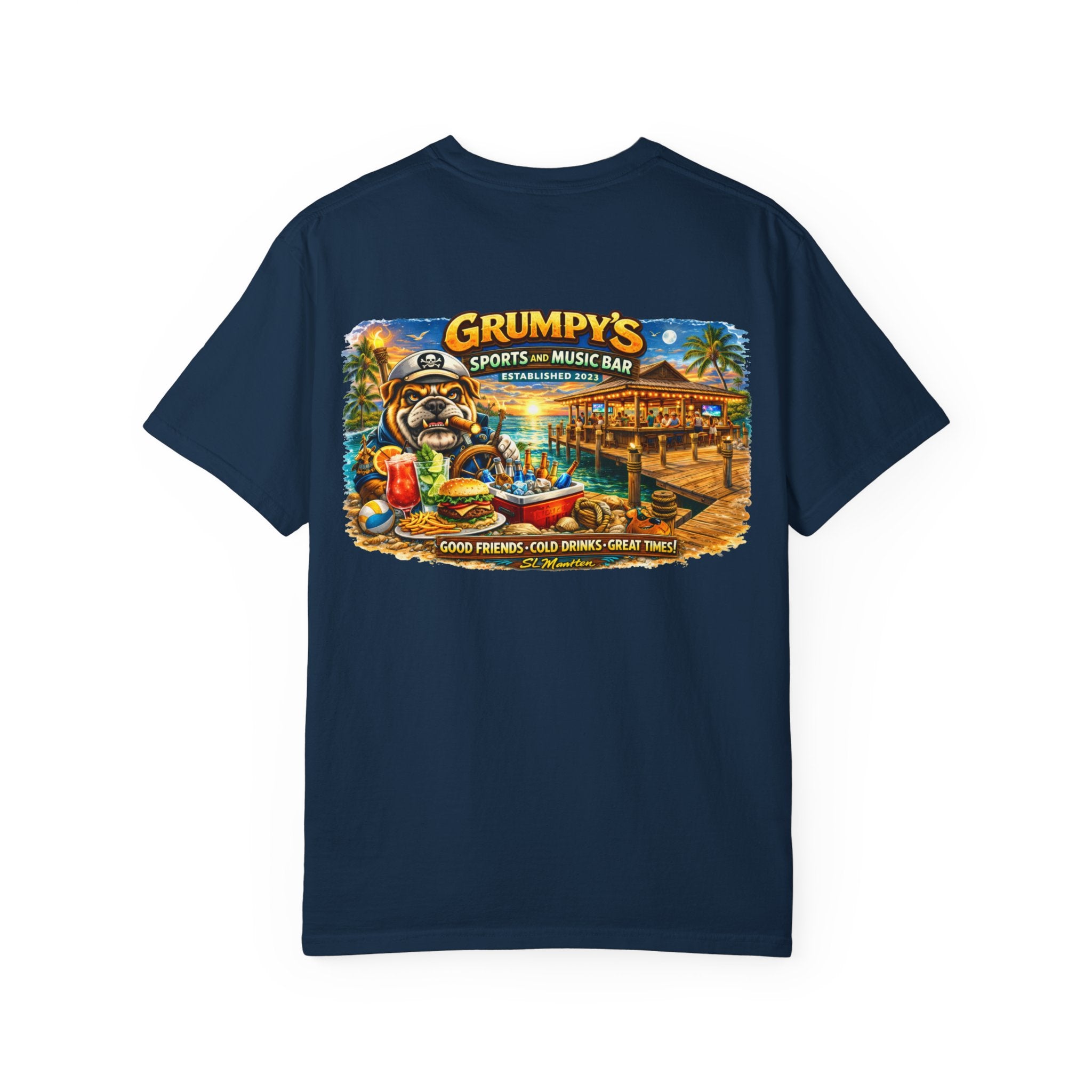 Navy blue t-shirt with a colorful graphic of 'Grumpy's Sports and Music Bar' on a white background