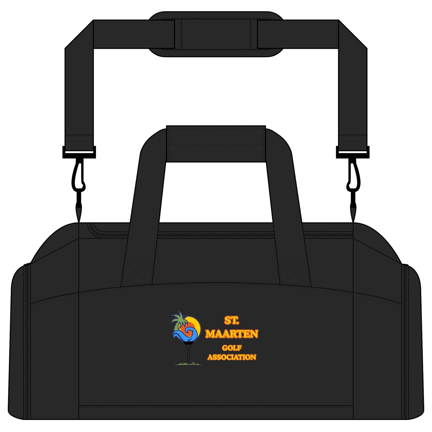 Black duffel bag with St. Maarten Golf Association logo on a white background