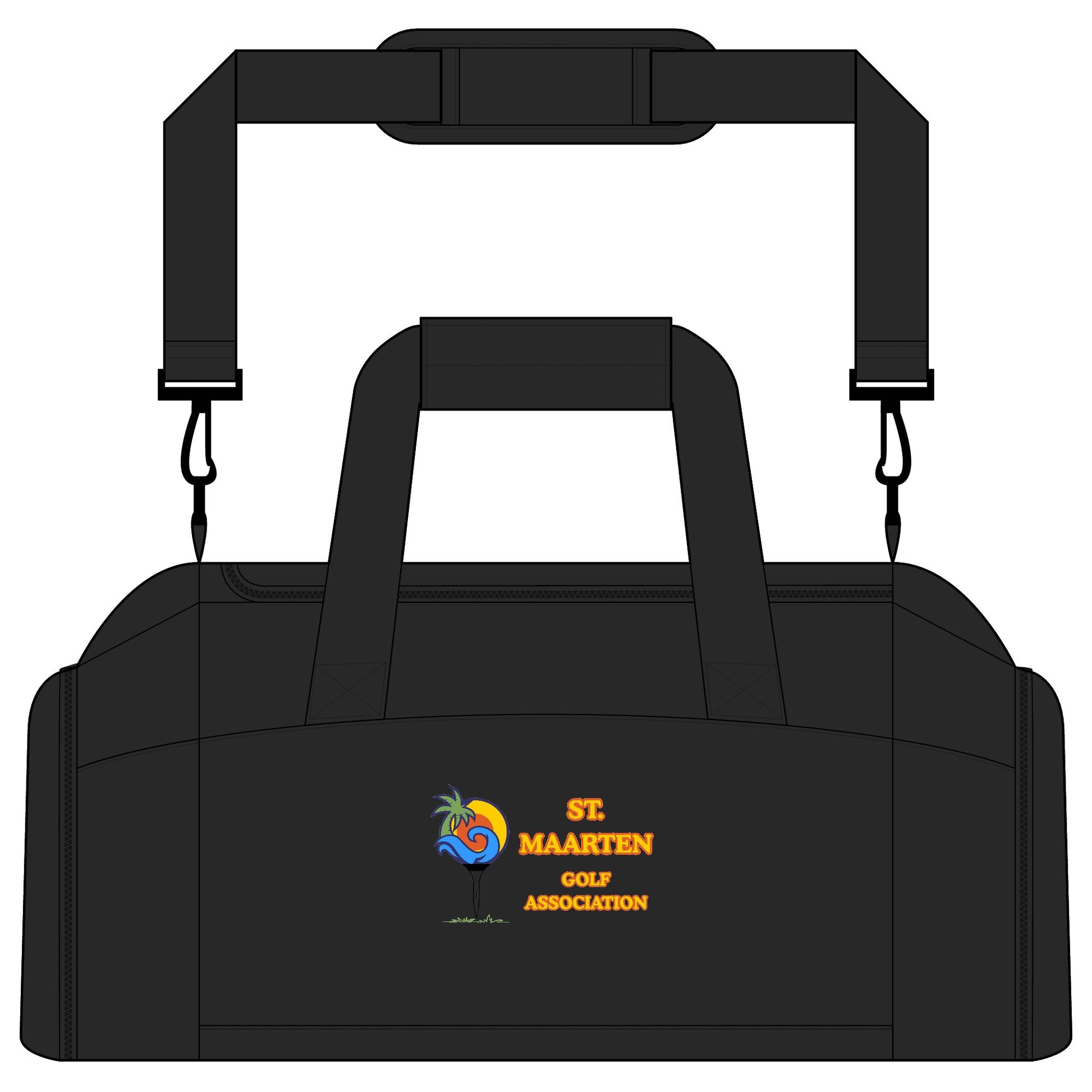 Black duffel bag with St. Maarten Golf Association logo on a white background