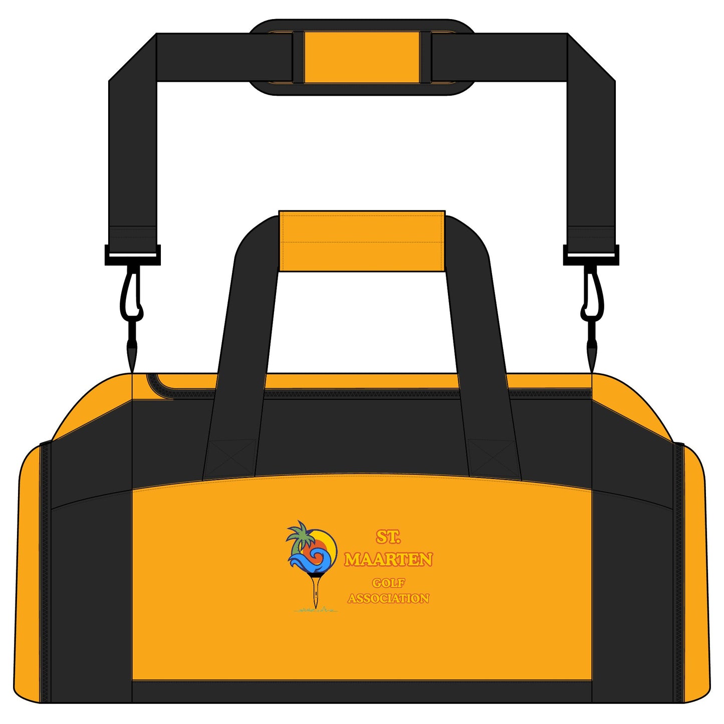 Duffel bag in Orange and black with a logo on a white background