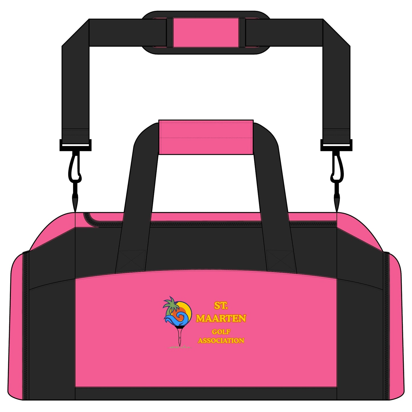 Pink and black duffel bag with a logo on a white background