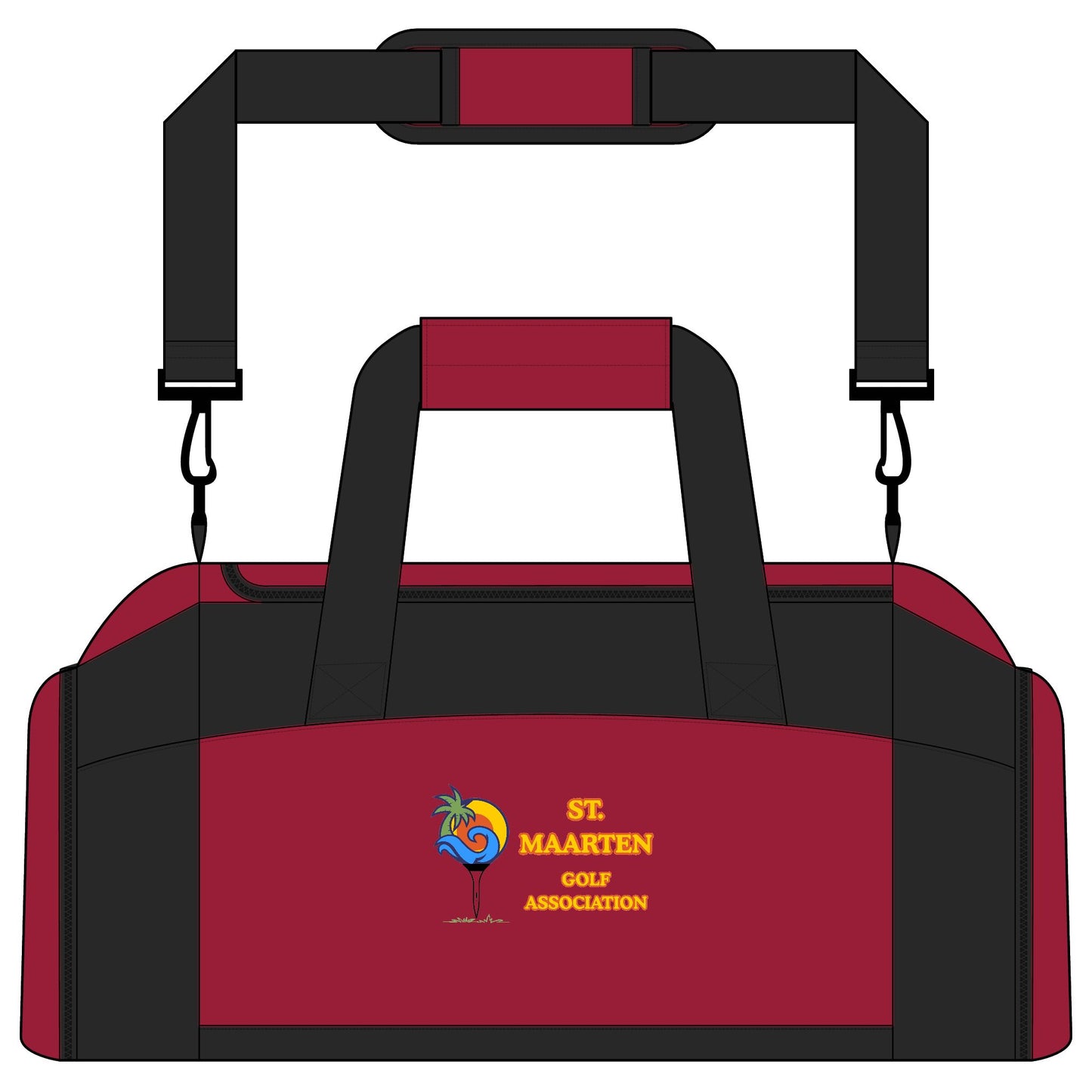 Red and black duffel bag with St. Maarten Golf Association logo on a white background