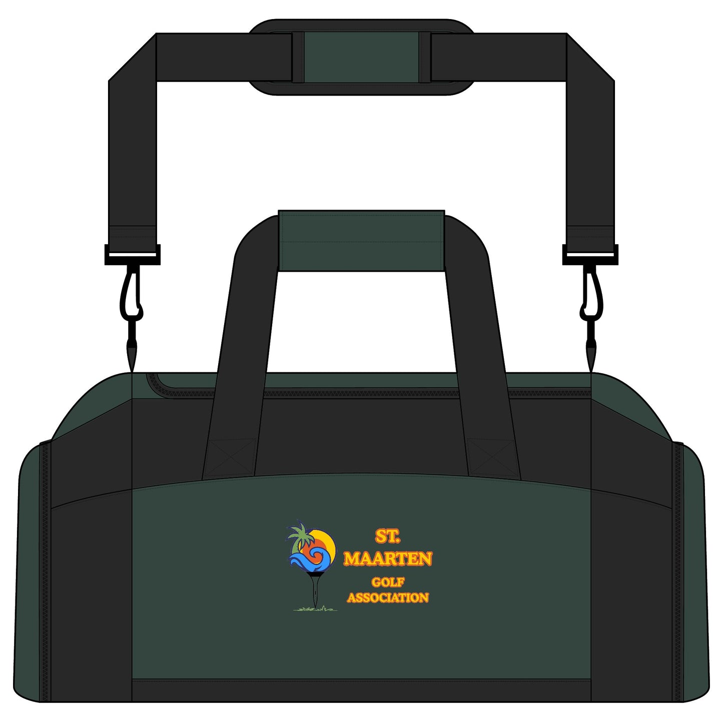 Green duffel bag with St. Maarten Golf Association logo on a white background