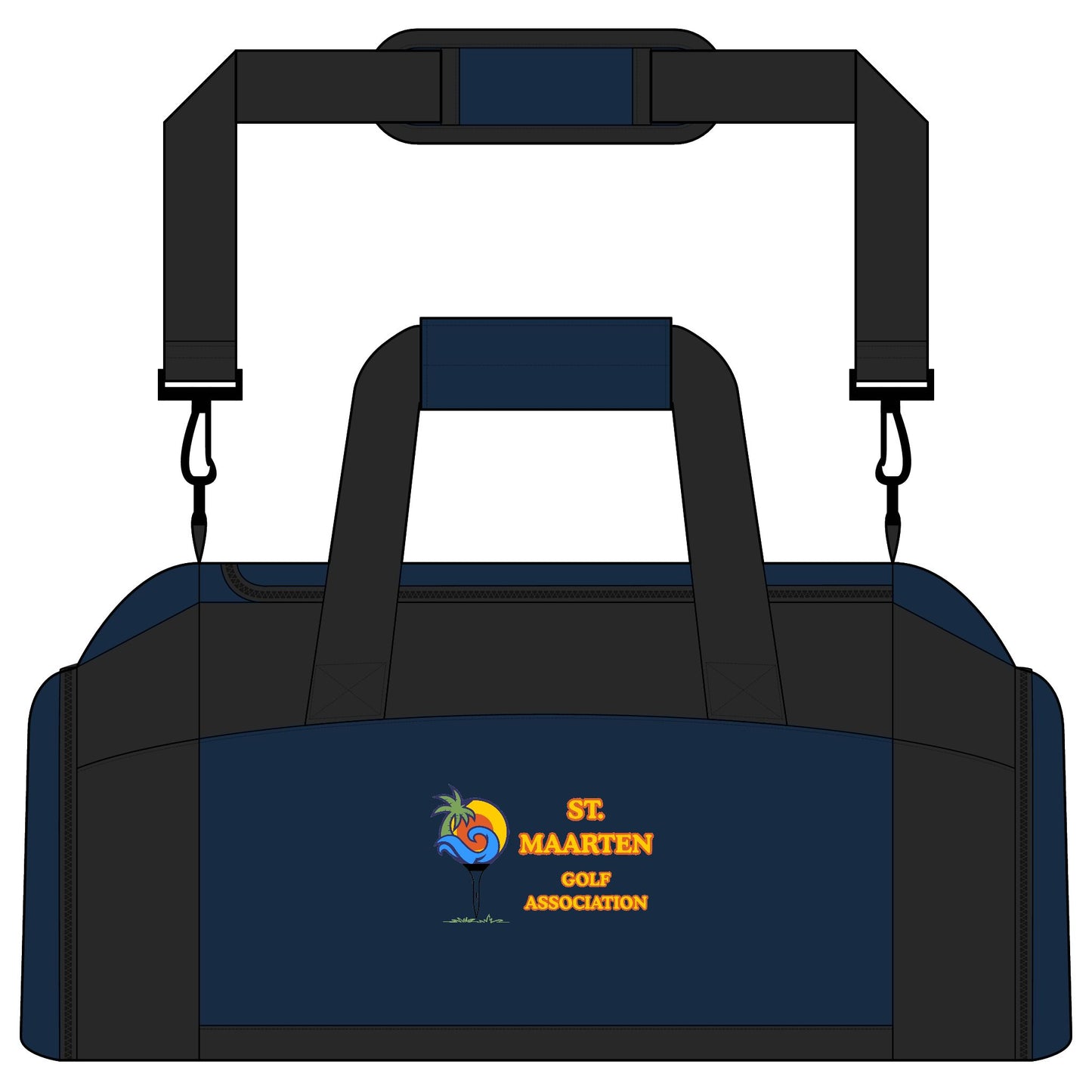 Blue and black duffel bag with 'St. Maarten Golf Association' logo on a white background