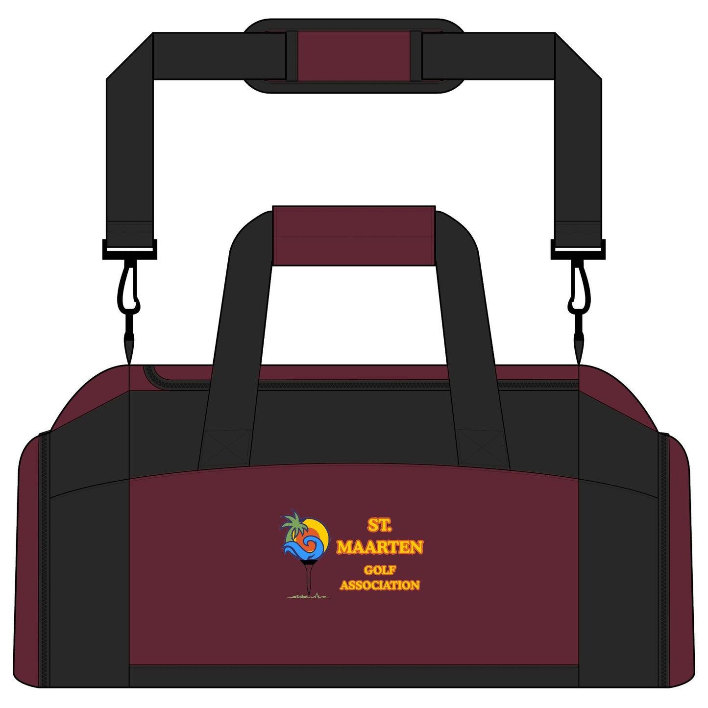 Maroon and black duffel bag with St. Maarten Golf Association logo on a white background