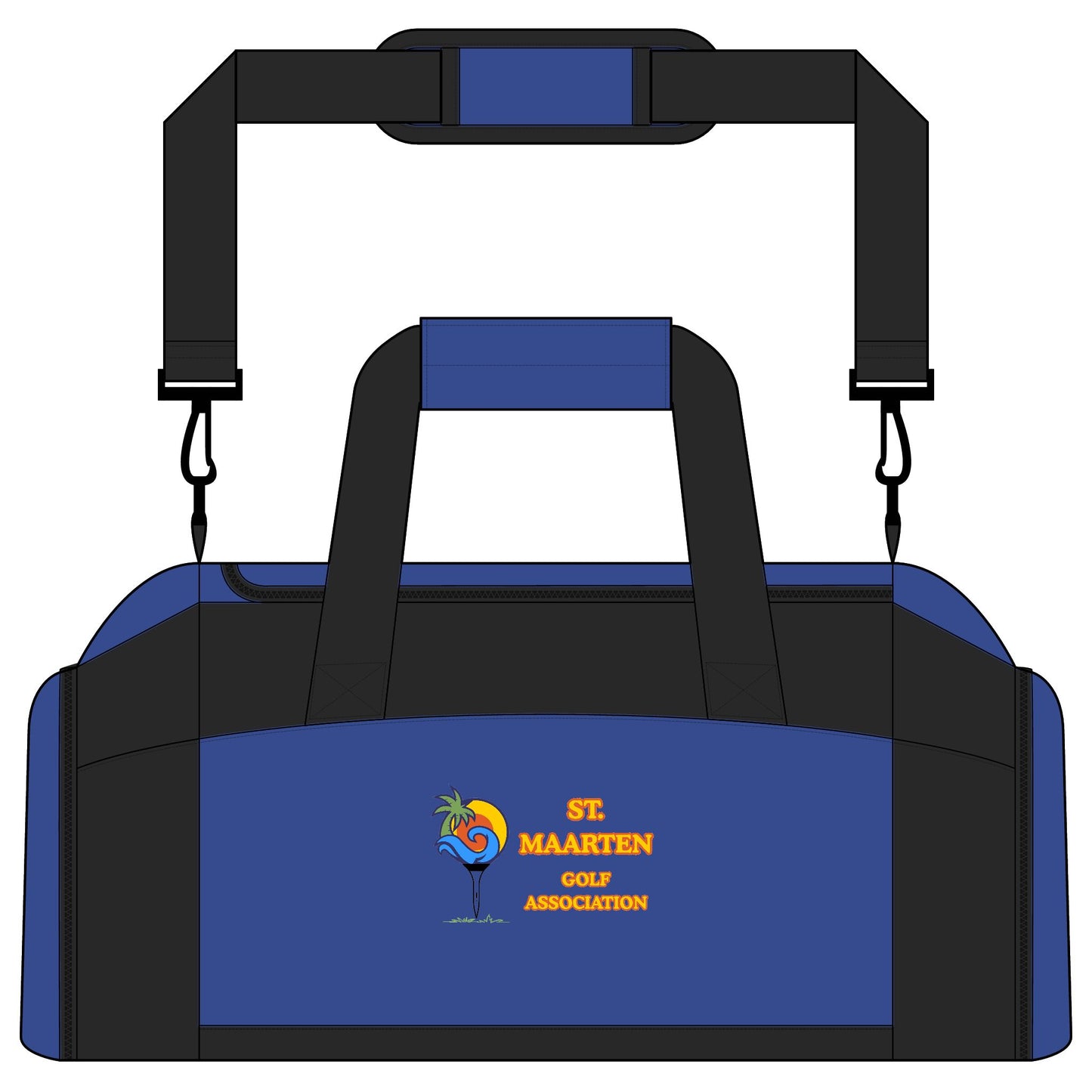 Blue and black duffel bag with St. Maarten Golf Association logo on a white background