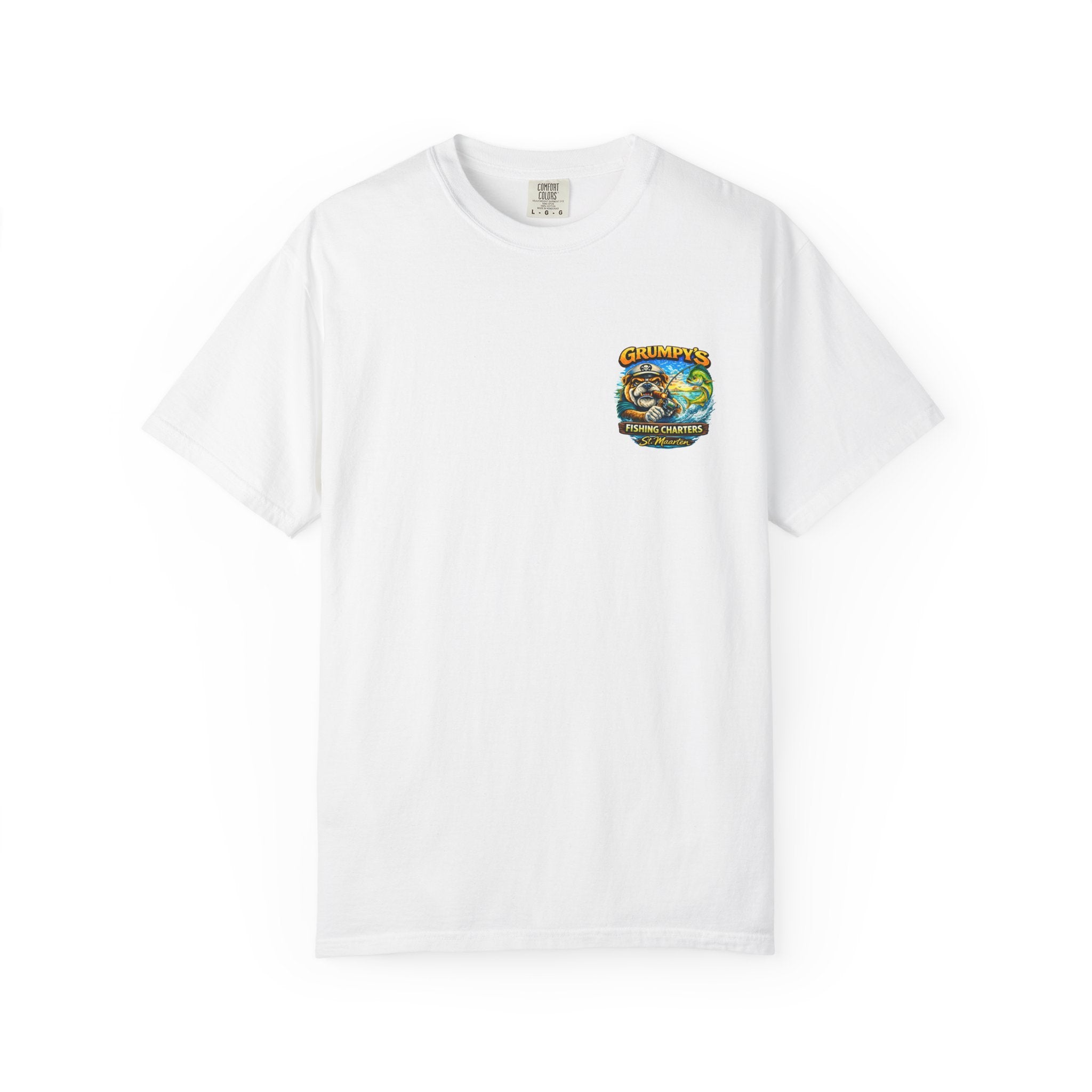 White t-shirt with a small colorful Grumpy's Fishing Charters logo on the left chest, on a white background.