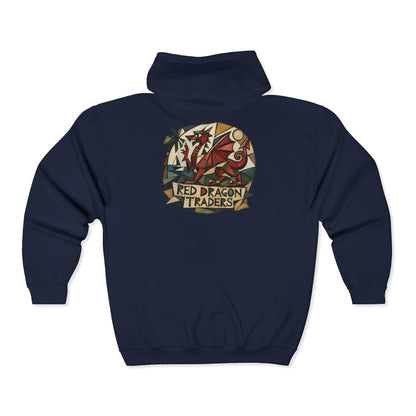 Red Dragon Traders Zip Hoodie — Vintage Fantasy Logo Hooded Sweatshirt