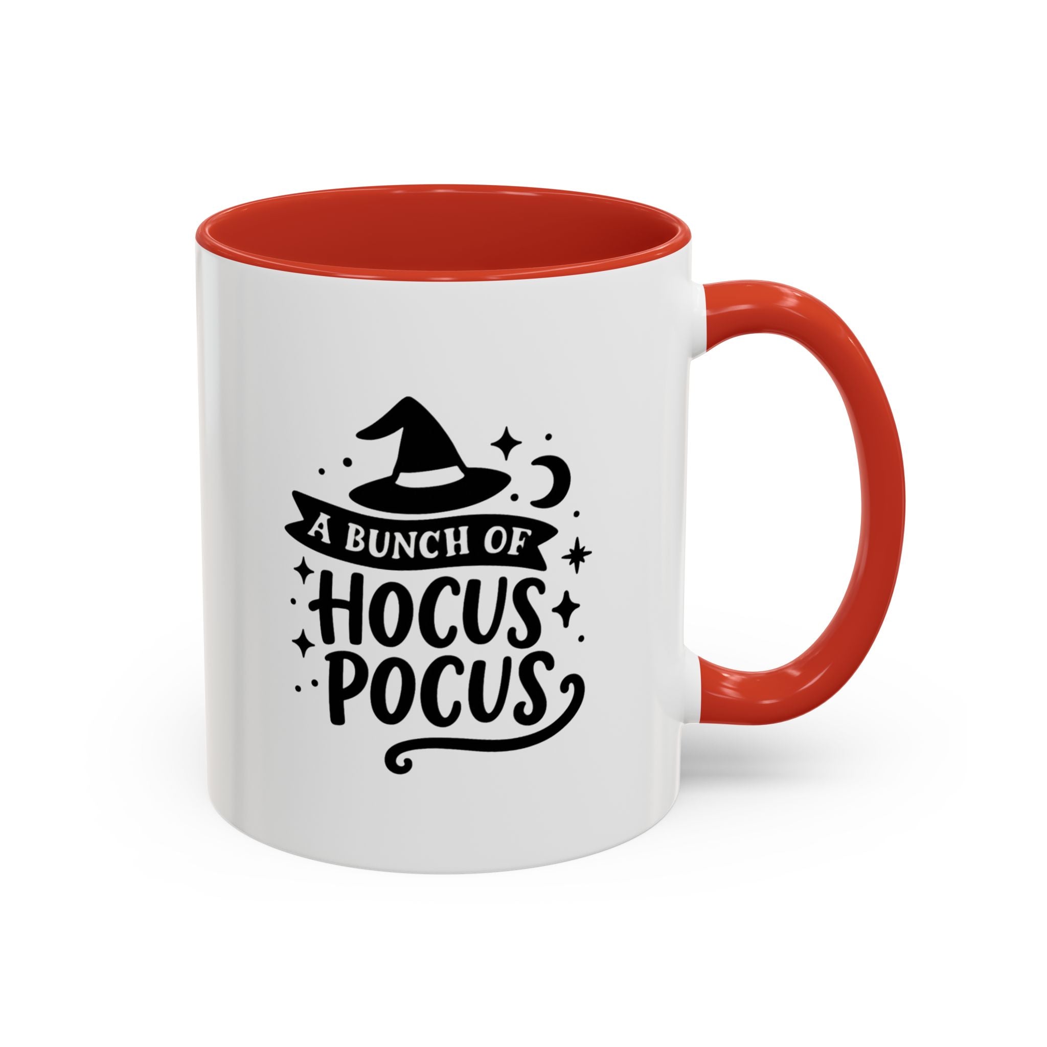 White two-tone coffee mug with a red handle and interior and a black 'A Bunch of Hocus Pocus' witch-hat design, on a white background