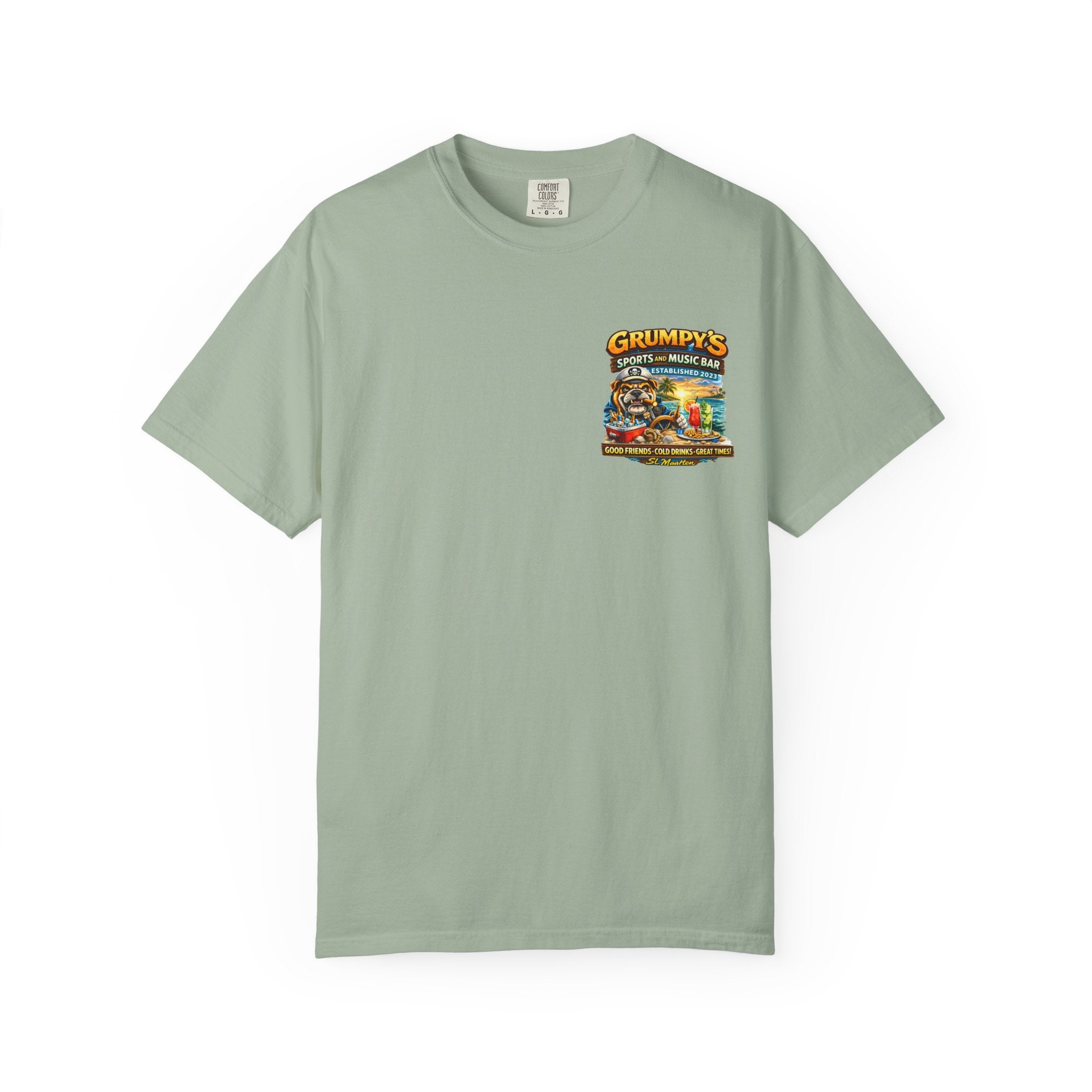 Light green t-shirt with a colorful graphic on a white background
