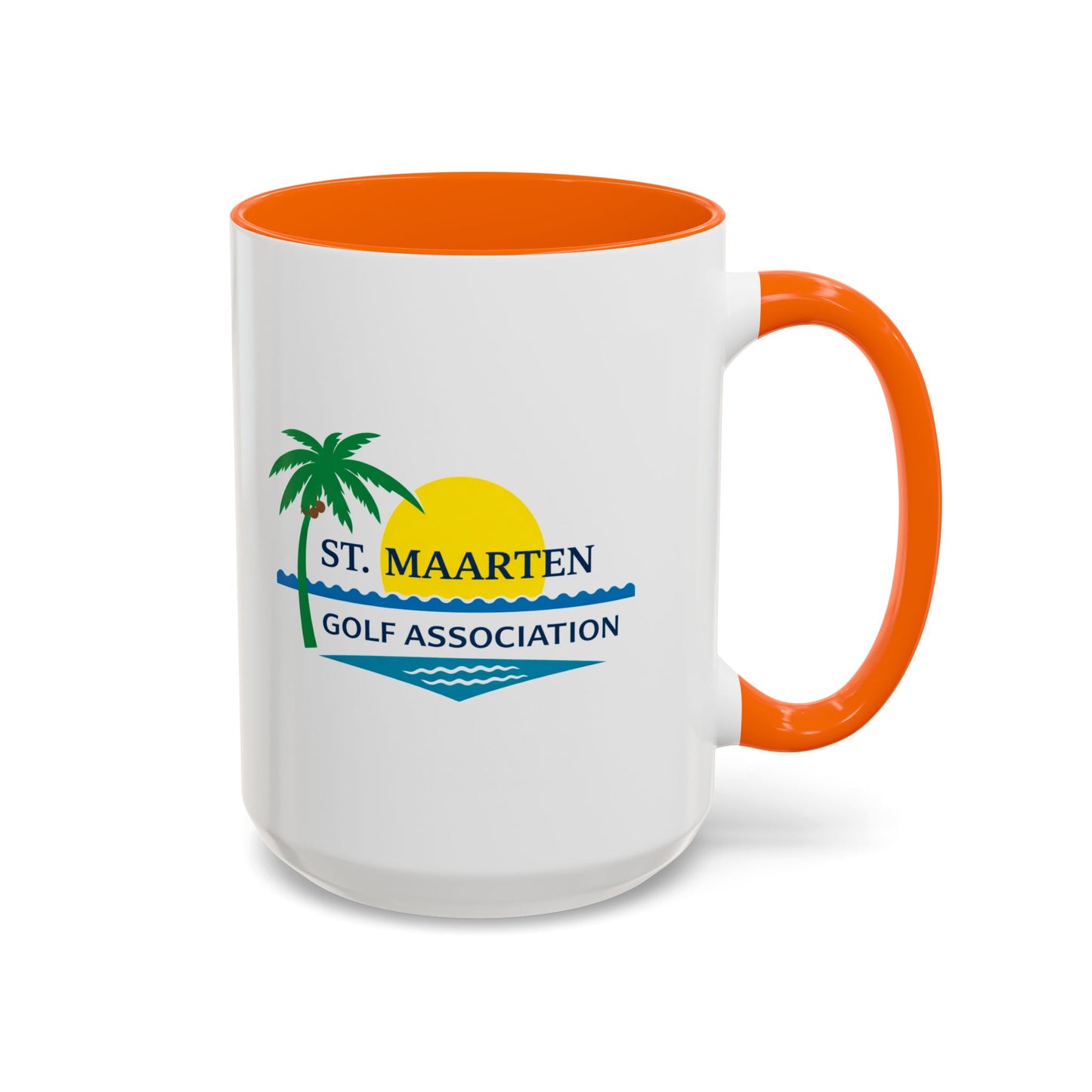 White mug with orange interior and handle featuring St. Maarten Golf Association logo on a white background