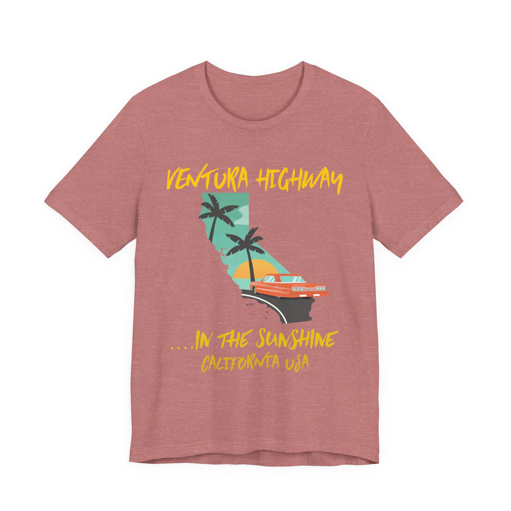 Heather mauve t-shirt with a 'Ventura Highway in the Sunshine, California USA' graphic featuring the California map, palm trees, and a red convertible, on a white background