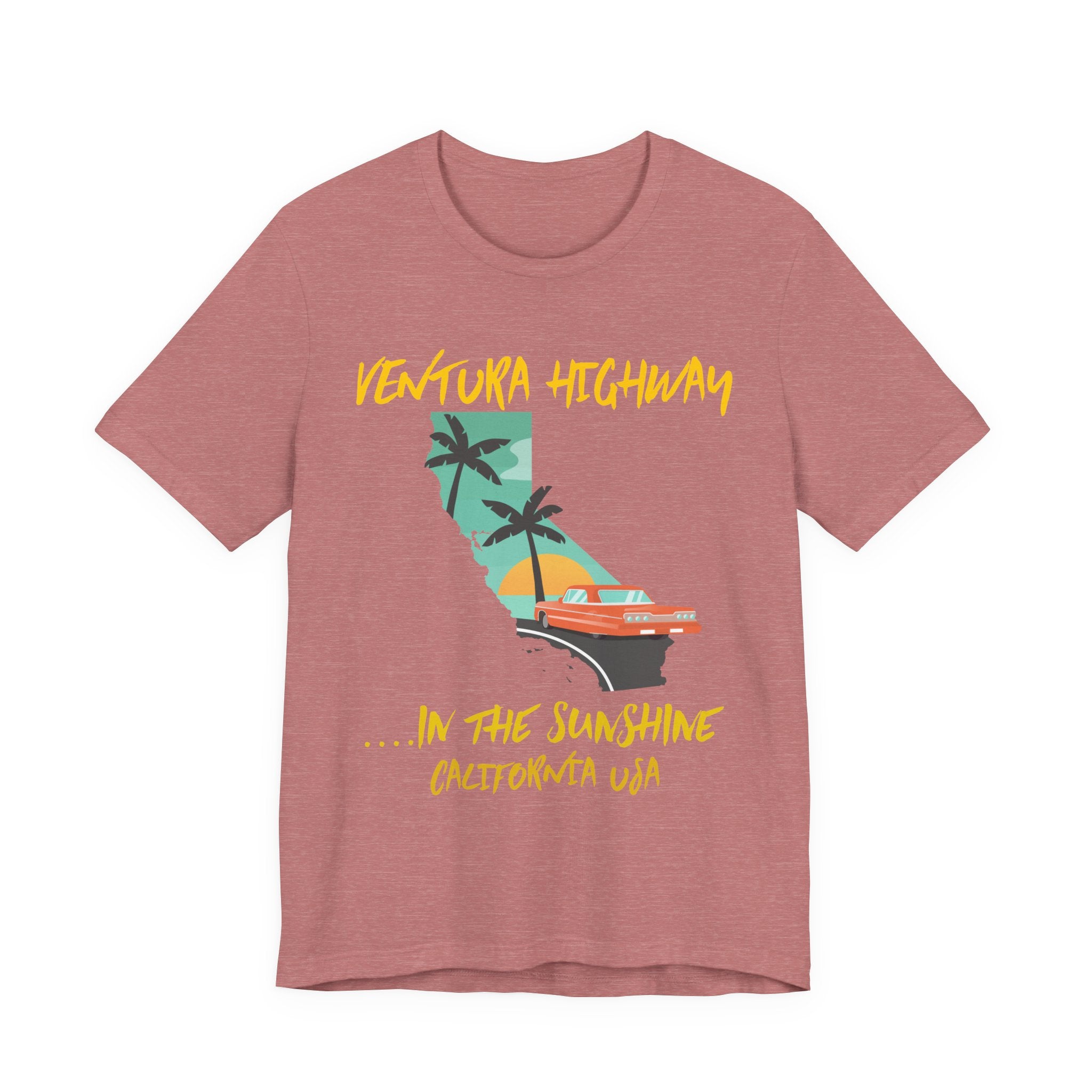 Heather mauve t-shirt with a 'Ventura Highway in the Sunshine, California USA' graphic featuring the California map, palm trees, and a red convertible, on a white background