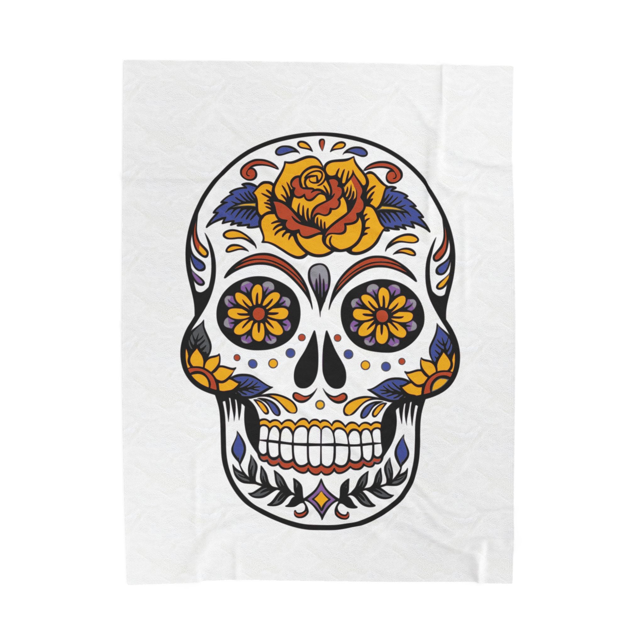 Sugar skull blanket with colorful design with floral elements on a white background